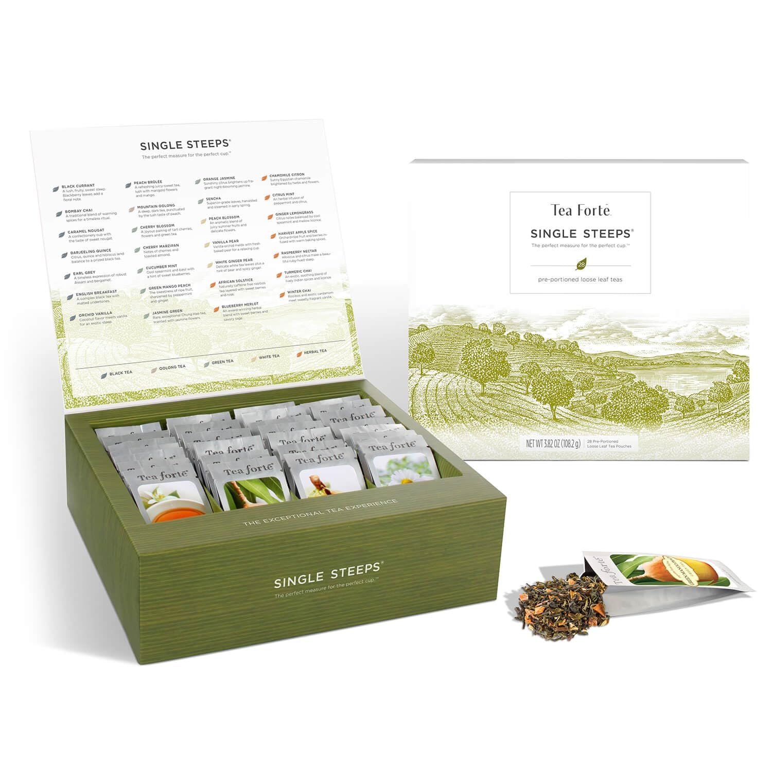Tea Forte Single Steeps Loose Leaf Tea Sampler Tea Chest, Assorted Variety Tea Box, 28 Single Serve Pouches, Classic Tea