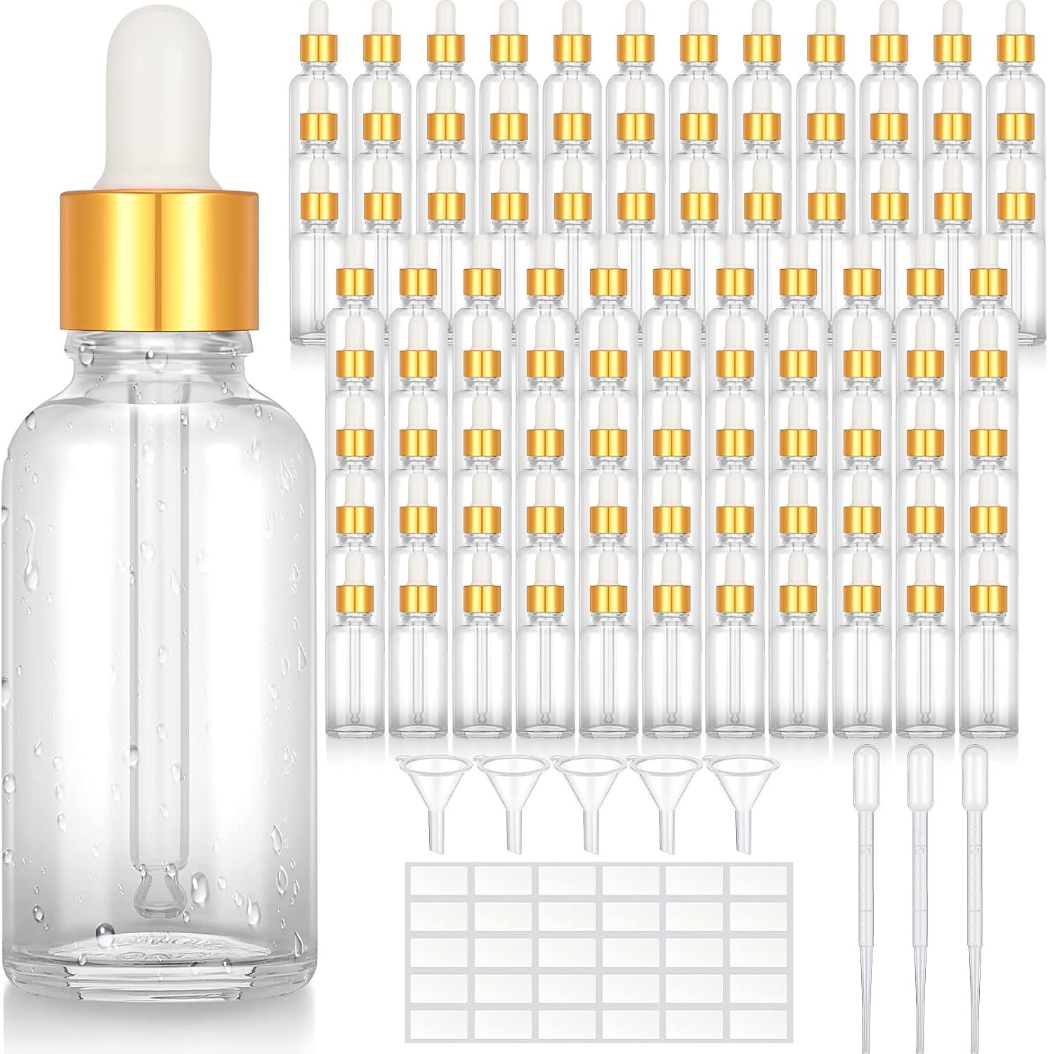 Nuogo 100 Pcs Glass Dropper Bottles 1 oz Essential Oil Dropper Bottles with Labels and Funnels Golden Caps Empty Tincture Glass Containers Perfume Cosmetic Travel Liquid Containers(Clear)
