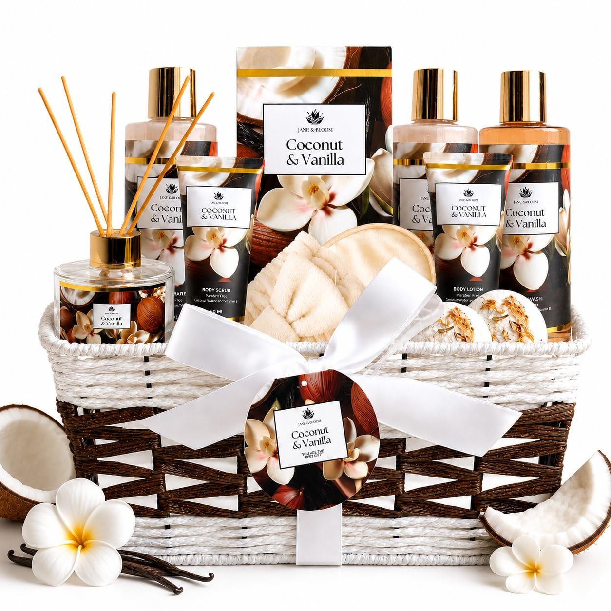 Spa Gift Basket for Women, Coconut & Vanilla 12-Piece Bath Gift Set with Shower Gel, Shampoo, Bubble Bath, Diffuser, Bath Bombs & Lotion, Birthday Gifts for Her