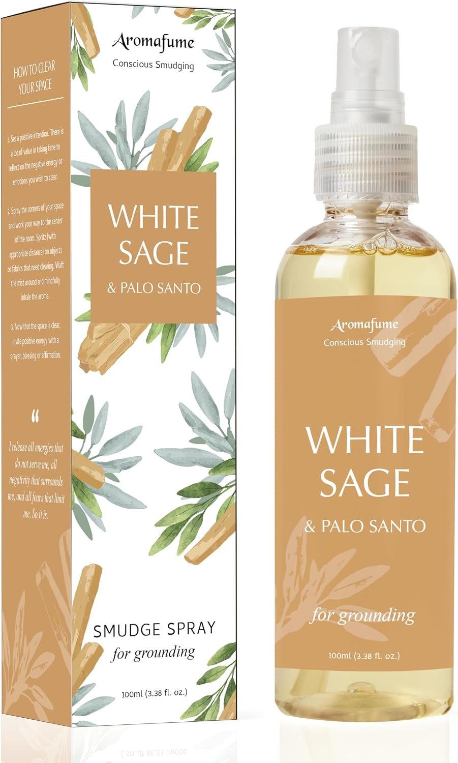 White Sage and Palo Santo Smudge Spray for Spiritual Cleansing, Aromafume | 100ml/3.3 oz | Sage Spray for Cleansing Negative Energy & Protection | Non-Toxic | Room Spray for Smokeless Sage Smudging