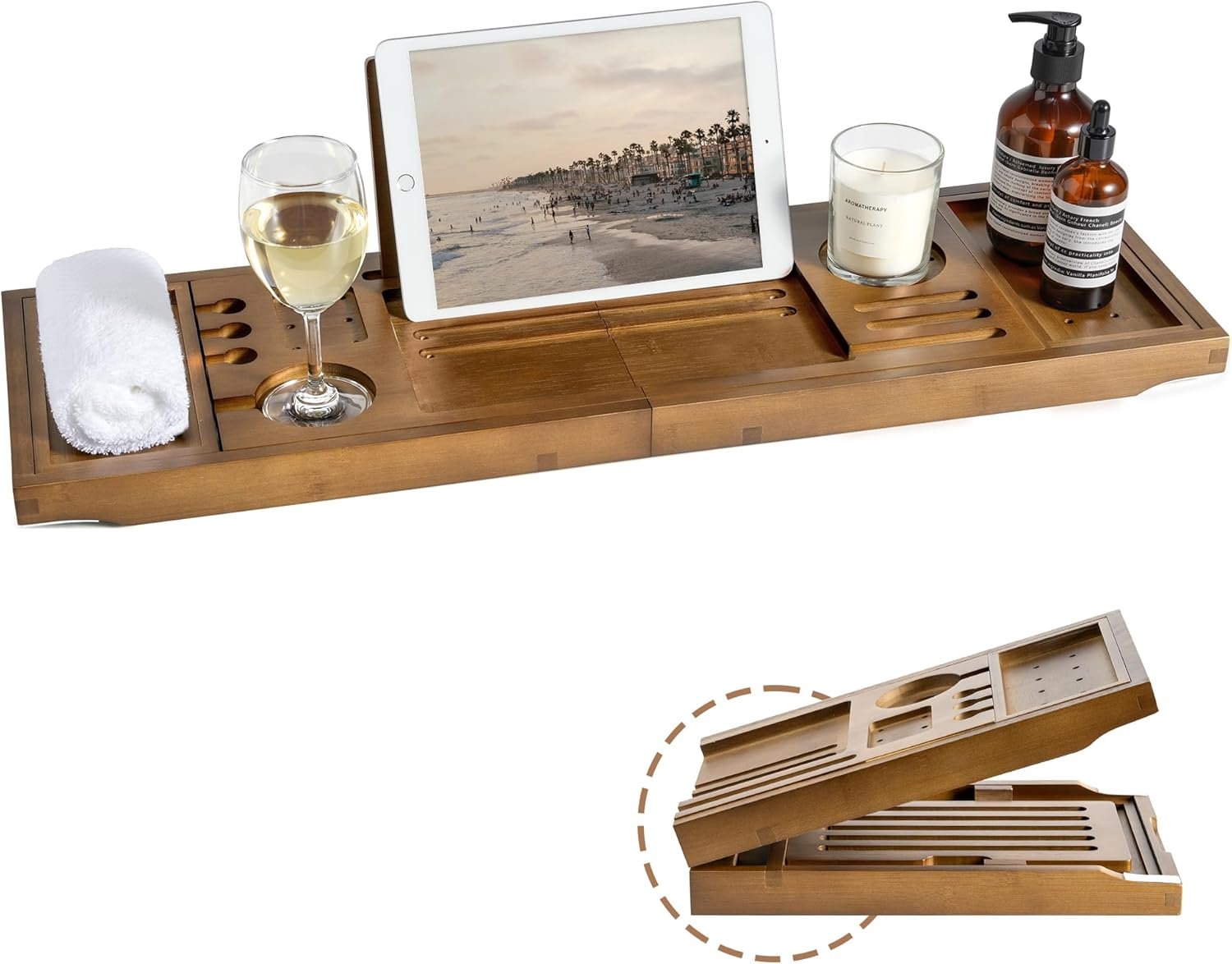 Bamboo Bathtub Tray Caddy – Splash-Proof Adjustable (28.5-40″) with Wine Holder, Tablet Stand & Non-Slip Grip | Spa-Grade Organizer for Bath Essentials & Reading- Walnut