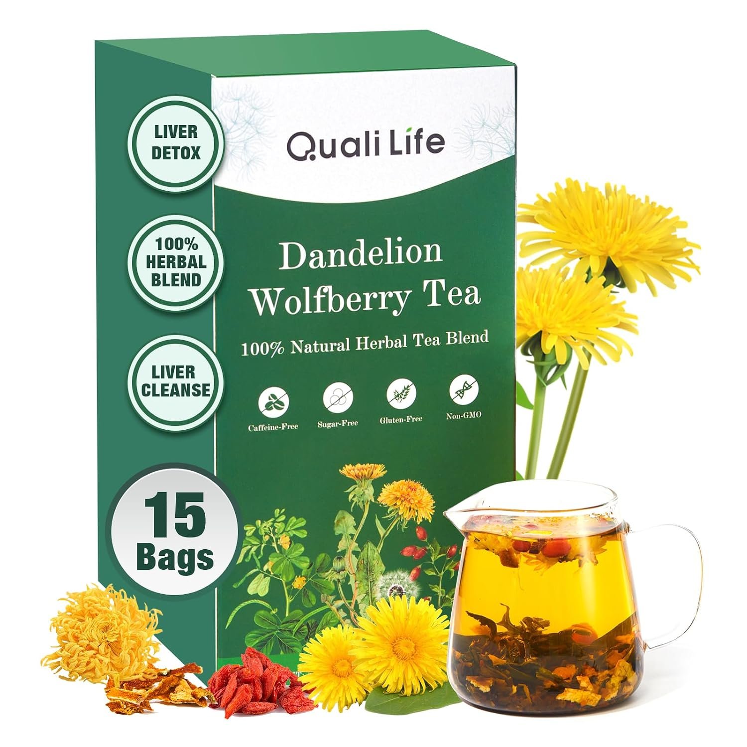 Dandelion Wolfberry Tea – Liver & Kidney Detox Herbal Tea, Summer Cleanse with Chrysanthemum, Wolfberry, Organic Dandelion Root, Cassia Seed, Licorice Chinese Herbal Tea Bag