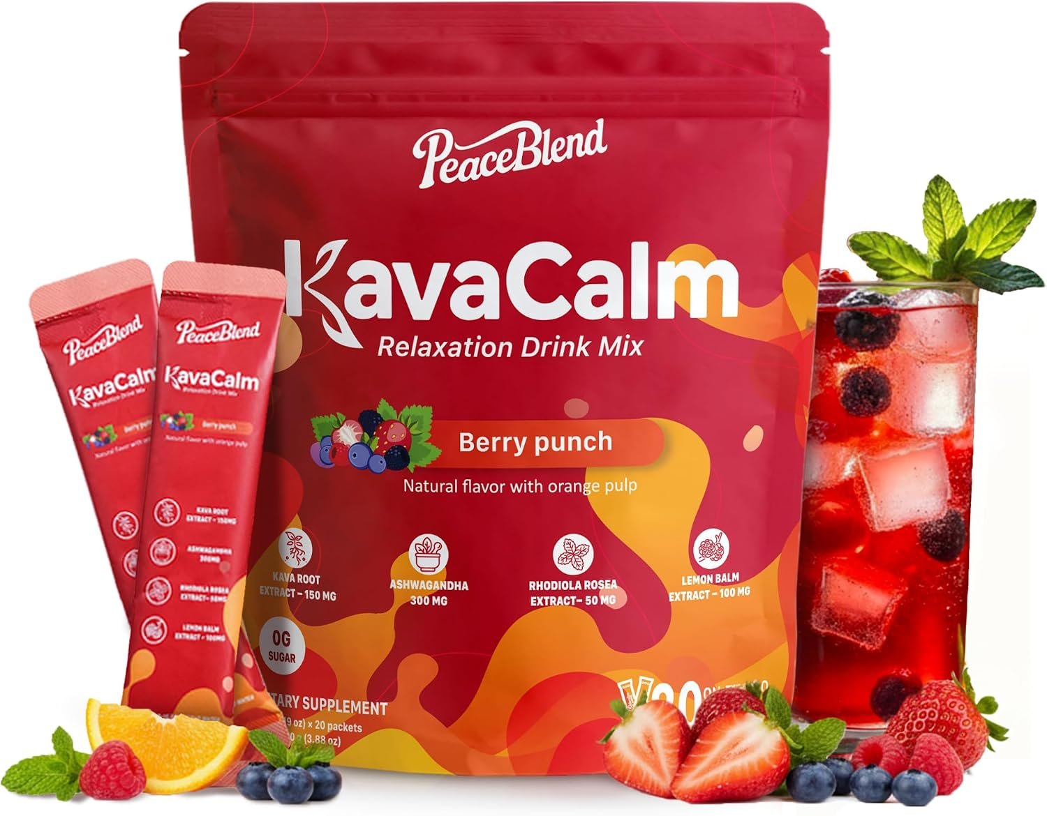 Supercalm Powdered Drink Mix, Cortisol Reducer and Sleep Aid with Kava Root, Ashwagandha, L-Theanine, Magnesium Glycinate, Lemon Balm, Rhodiola, Vitamin D3 & B6, Vegan, Non-GMO, 20 Packets