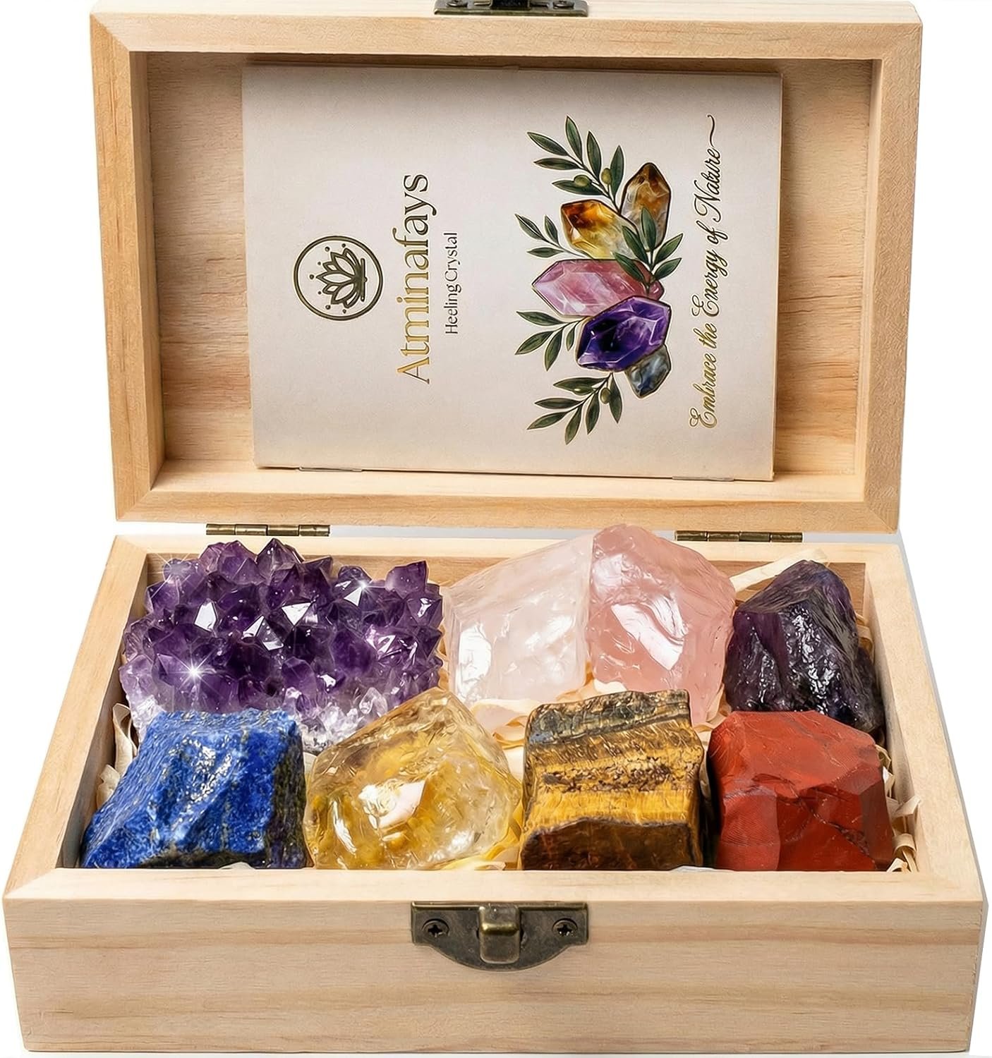 Premium Amethyst Cluster & 7 Chakra Healing Crystals Set for Yuga,Meditation, Reiki, Energy Alignment – with Wooden Gift Box, Guidebook & Velvet Pouch
