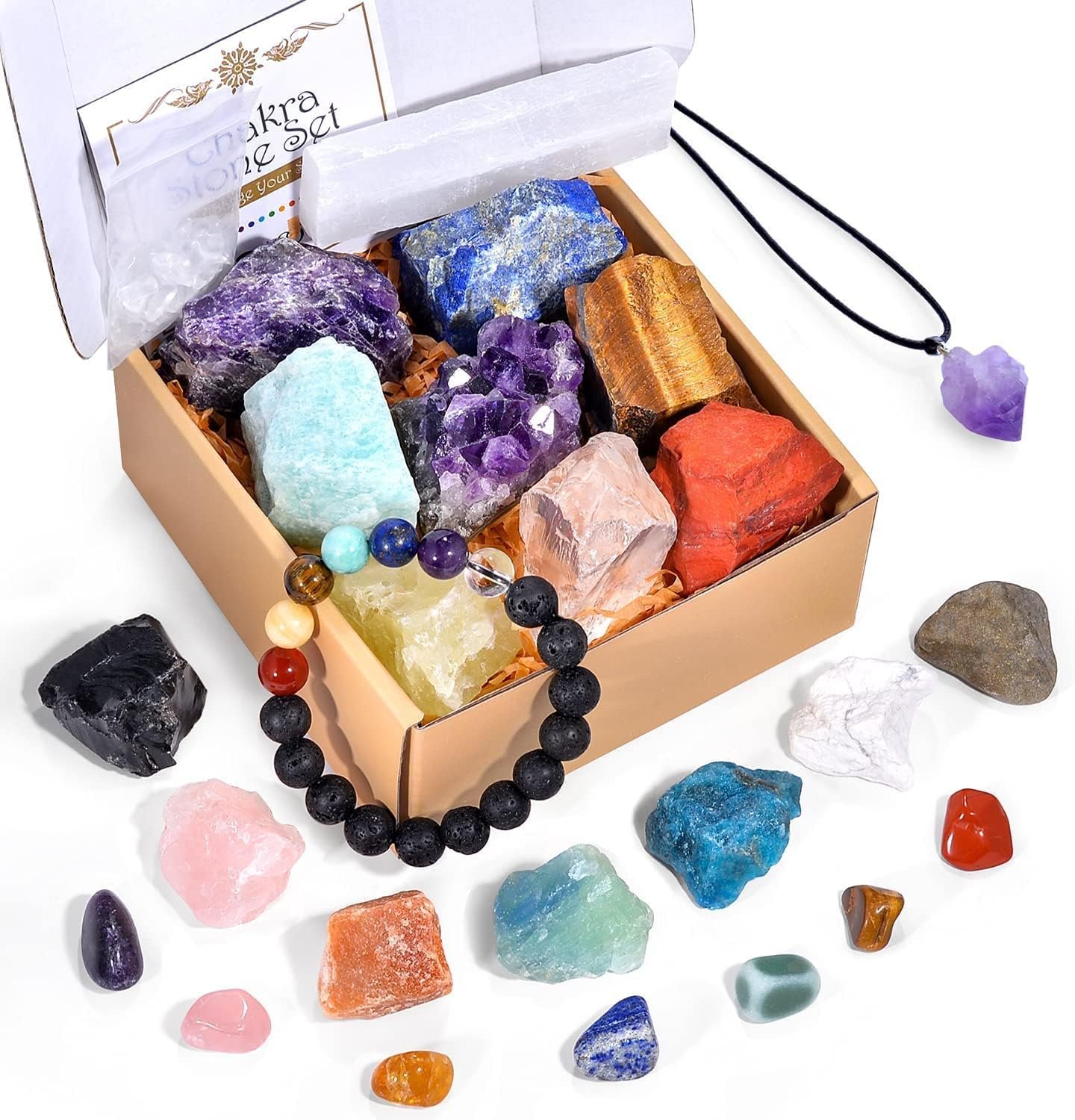 AOOVOO 26 PCS Crystals and Healing Stones, Healing Crystals Gift Set, 7 Raw Chakra Stone, 7 Tumbled Gemstones, Crystal Amethyst Necklace, Selenite Plate, Lava Bracelet, Clear Quartz, Gift Box