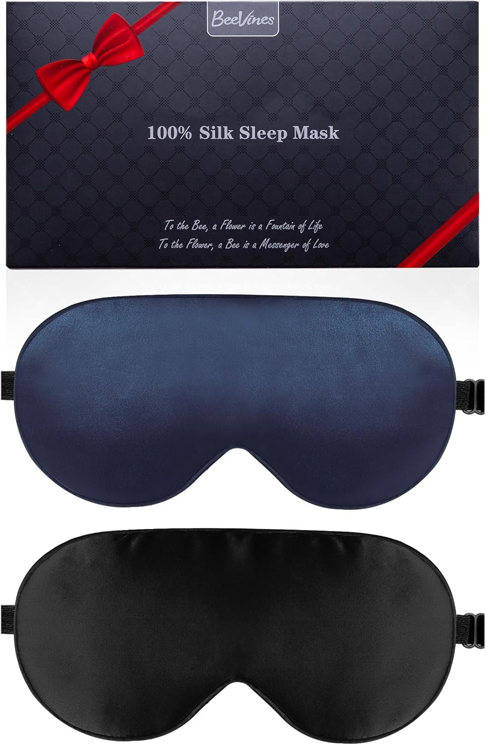 BeeVines 100% Real Mulberry Silk 2 Pack Sleep Mask, Pure Silk Eye Masks with Adjustable Strap for Sleeping, Block Light Eye Sleep Shade Cover, Reduces Puffy Eyes Traveling Gifts(Black & Blue)