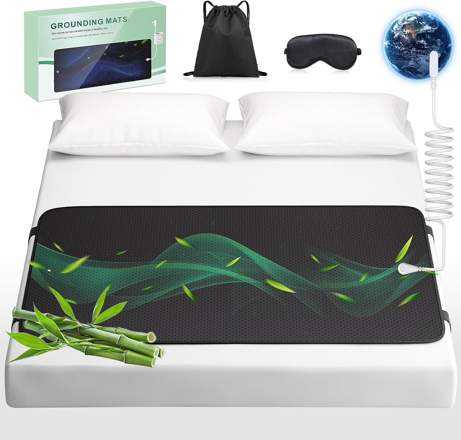 Grounding Mat for Bed with Leather, Improve Sleep, Relieve Stress & Pain, Anti-Slip & Eco-Friendly PU Leather, Includes Grounding Cord & Sleep Mask for Enhanced Rest Magnetic Therapy