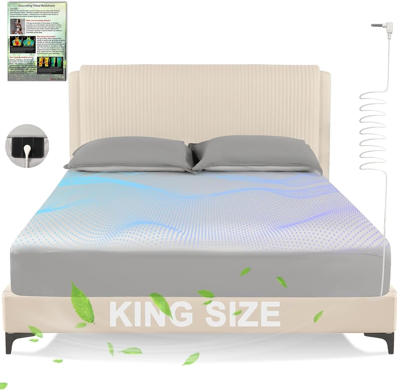 Grounding Sheets King,Earth Grounded Fitted Bed Sheet 10% Pure Silver Fiber + 90% Organic Cotton, Bed Grounding Kit with grounding Cord for Improved Sleep & Wellness(Greyaya,King – 80″x78″x15″)