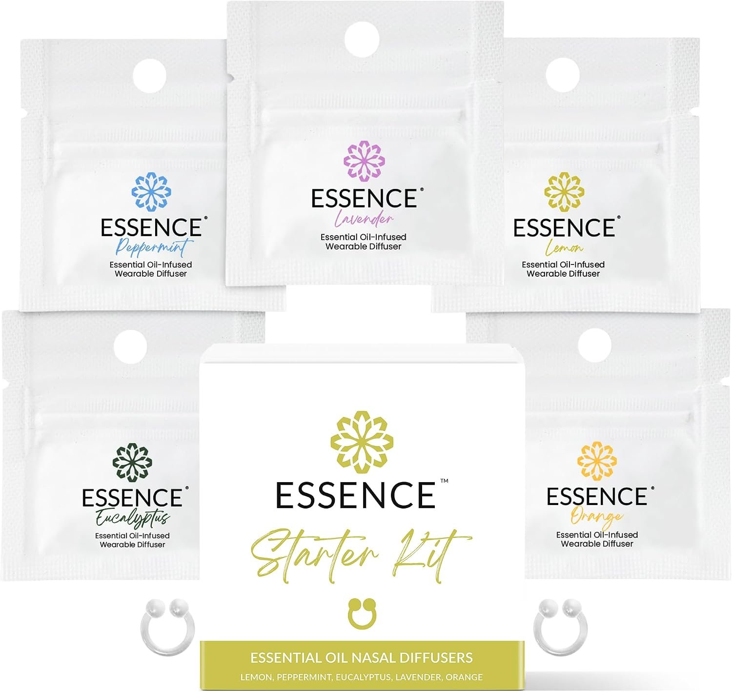 Essence Nasal Diffuser Starter Kit – Essential Oil Silicone Nose Ring Inhalers for Beginners – Wearable Aromatherapy Bundle for Relaxation, Energy & Breathing Support