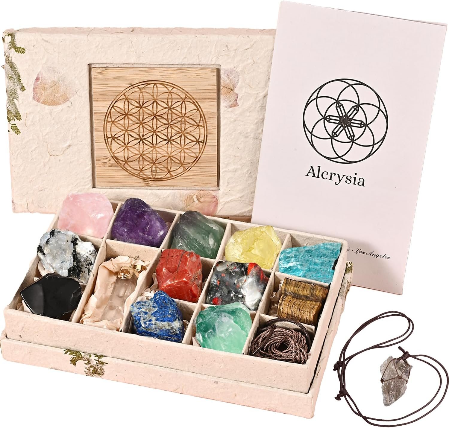 Set of 12 Raw Crystals and Healing Stones, One Stone for Each Month, Chakra, Meditating and Energy Healing Stones, DIY Necklace kit and Clear Quartz Necklace, Handcrafted Gift for Women