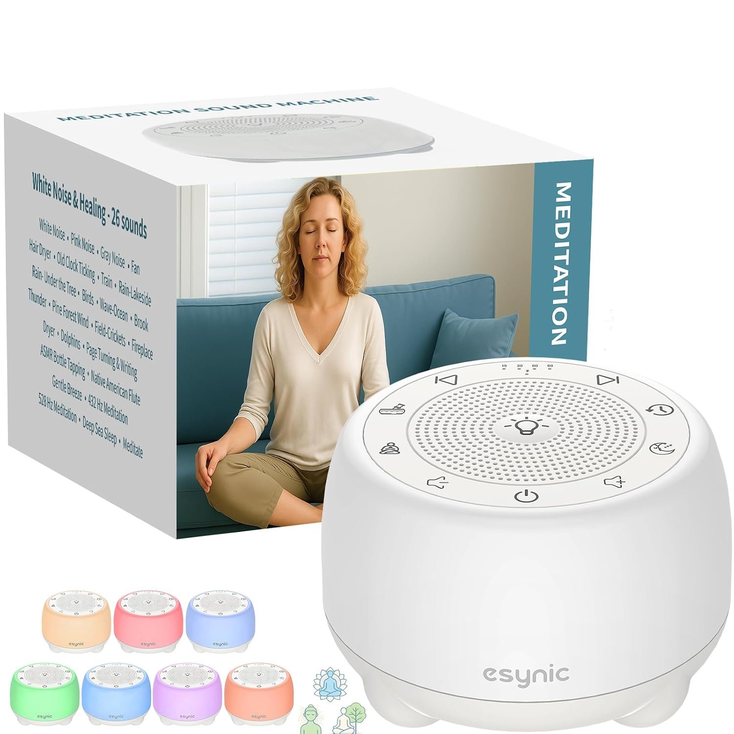 eSynic Portable Tibetan Singing Bowl Electronic-38 Sounds Rechargeable White Noise Machine with 7 Lights & 30h playback-15-90 Minutes Timer-Premium 3D Audio-for Meditation Yoga Sleep Stress Relief