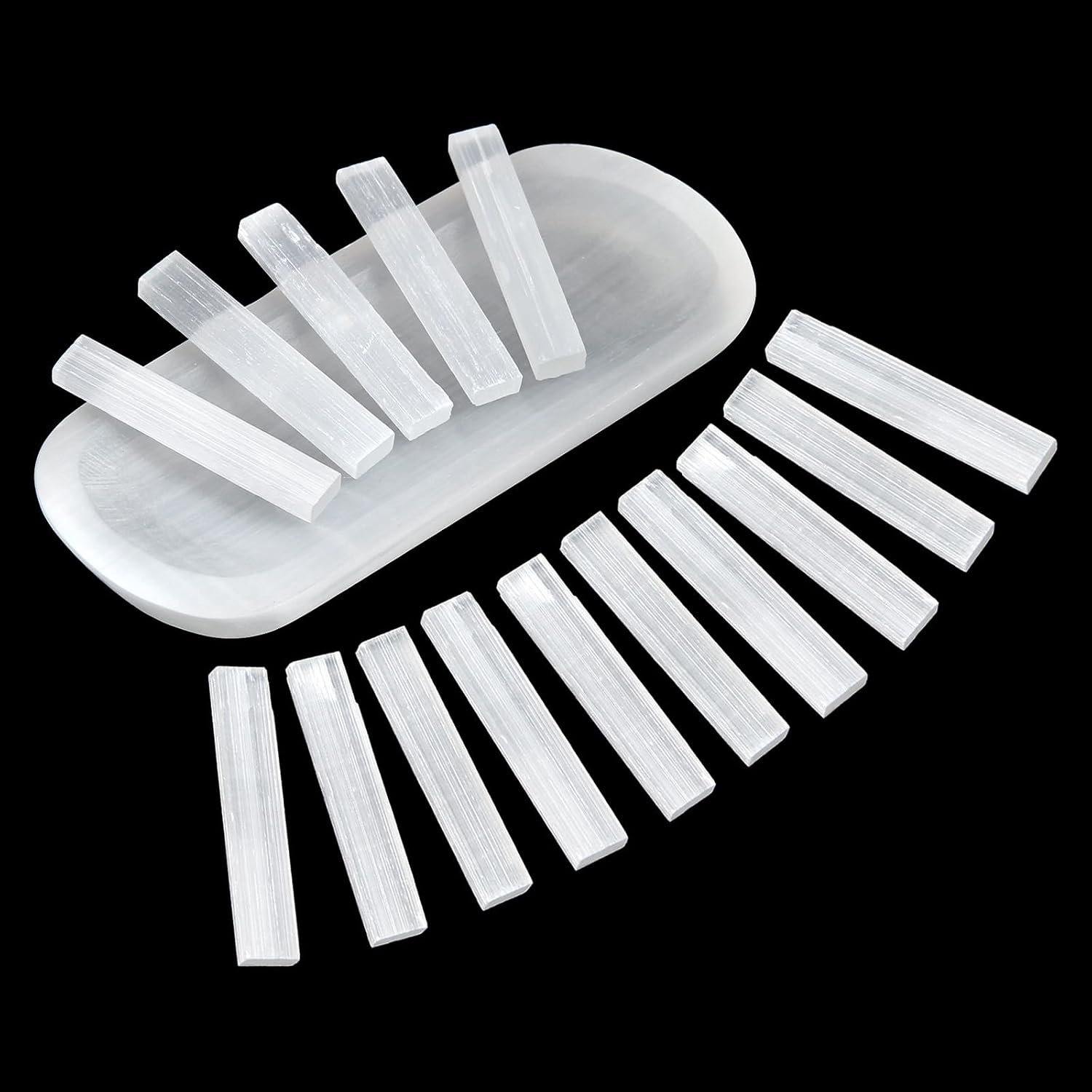 5.7” Selenite Crystal Bowl and 15 Pcs Selenite Sticks, Long Selenite Charging Bowl for Cleaning, Home Decor and Crystal Healing, Small Storage Tray