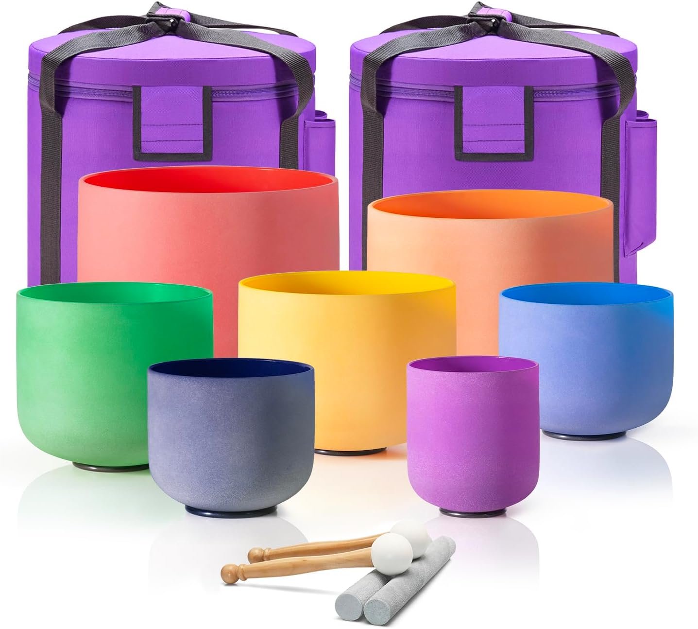 CVNC Set Of 7 PCS 440HZ 6-12 Inch Colored Frosted Chakra Quartz Crystal Singing Bowls Sound Healing Instrument with 2 PCS Travel Carry Case Bag for Meditation