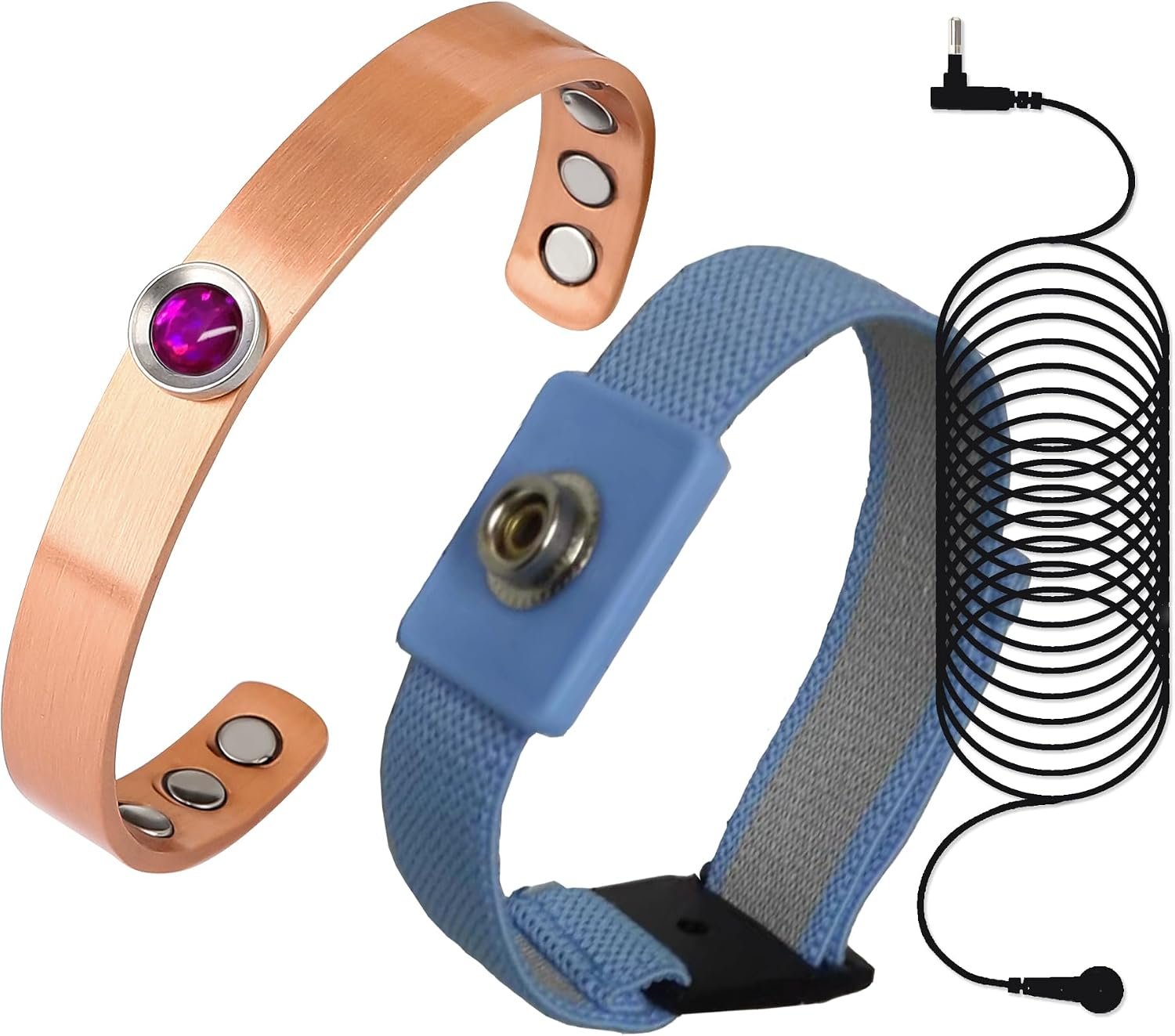 Grounding Bracelet Set includes Copper Magnetic Bracelet and Ground Wrist Strap and 15 Feet String. (Purple)