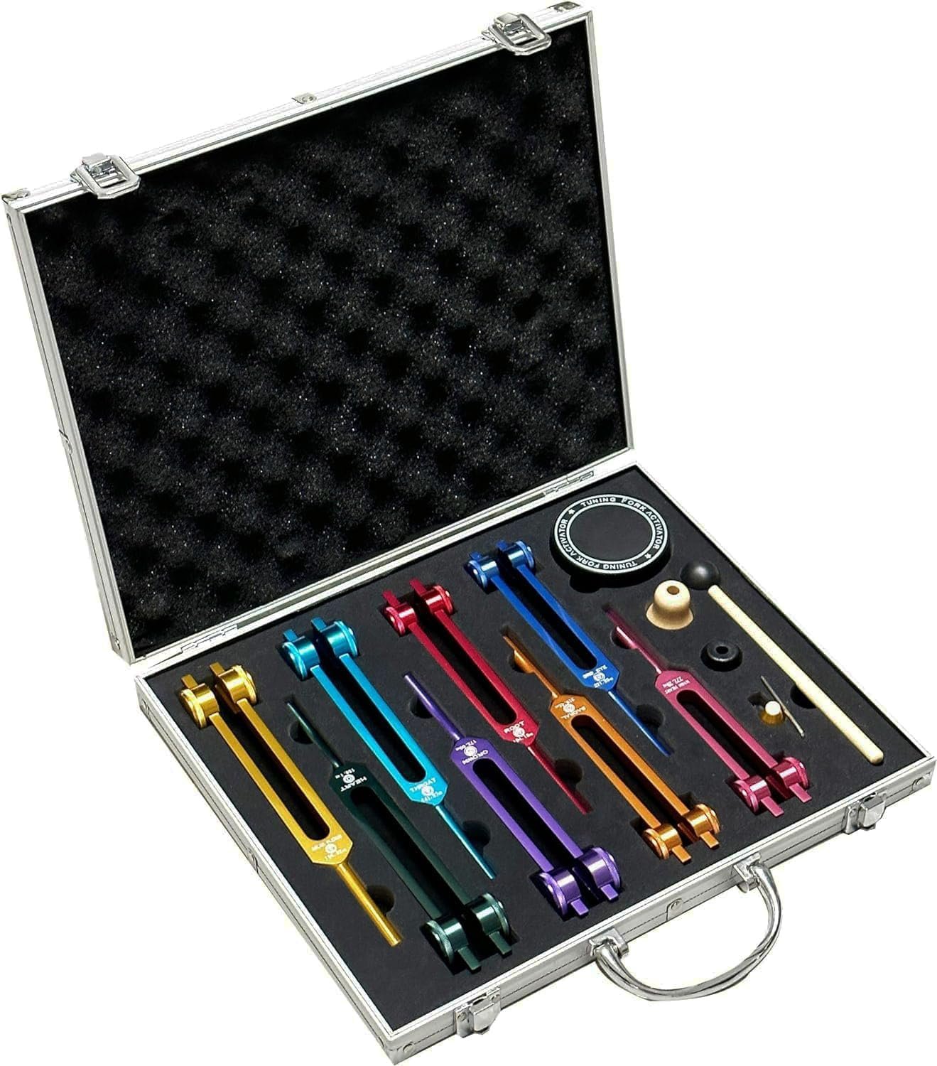Chakra Tuning Fork Set for Healing, 7 Chakra and 1 Soul Purpose Weighted Colorful Solfeggio Tuning Forks, with Tuning Fork Activator, Rubber Mallet, Base, and Exquisite Aluminum Box