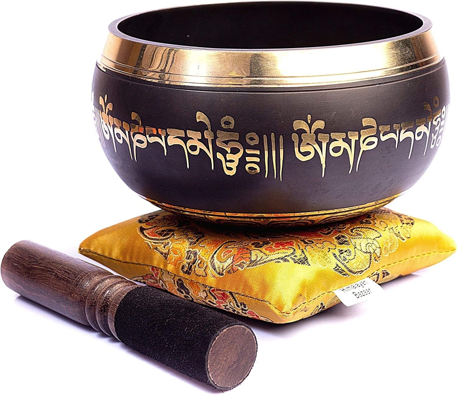 Tibetan Singing Bowl Set Bronze – Master Healing Grade – With Tibetan Thangka Art – Pure Tone By HIMALAYAN BAZAAR (Black & Yellow)