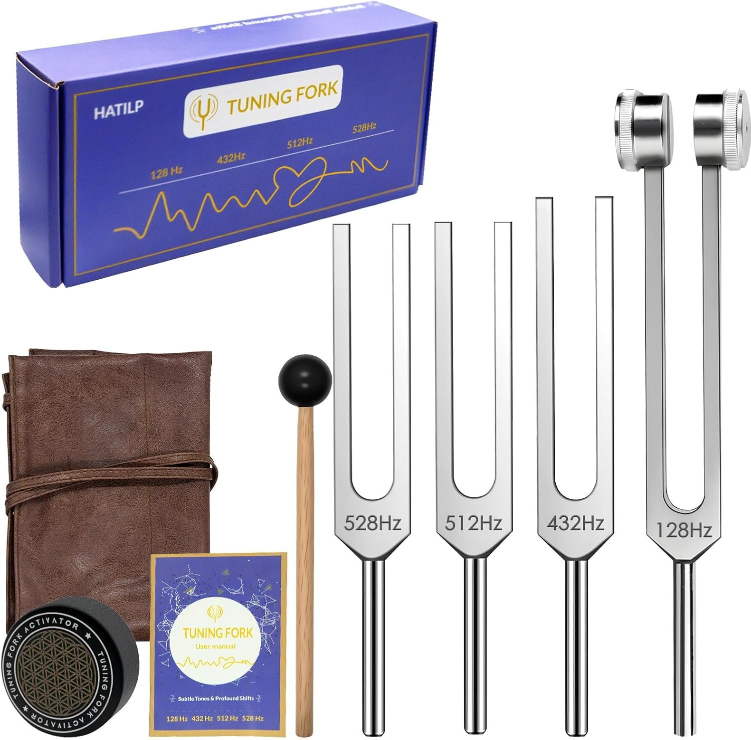 Tuning Fork Set – 128Hz 432Hz 512Hz 528Hz Weighted & Unweighted Frequency Tools with Activator, Mallet & Vegan Pouch – for Yoga, Meditation, Chakra, Ideal as a Gift