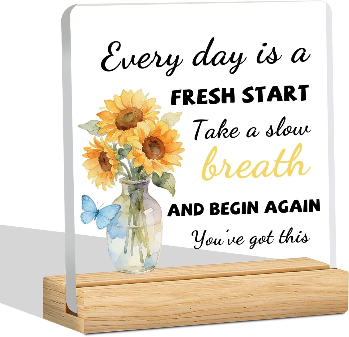 Inspirational Gift for Women Men – 4×4 Acrylic Motivational Desk Decor with Wood Stand – Sunflower Aesthetic Fresh Start Quote Sign – Positive Affirmations Desk Accessory for Coworker Student Office Home
