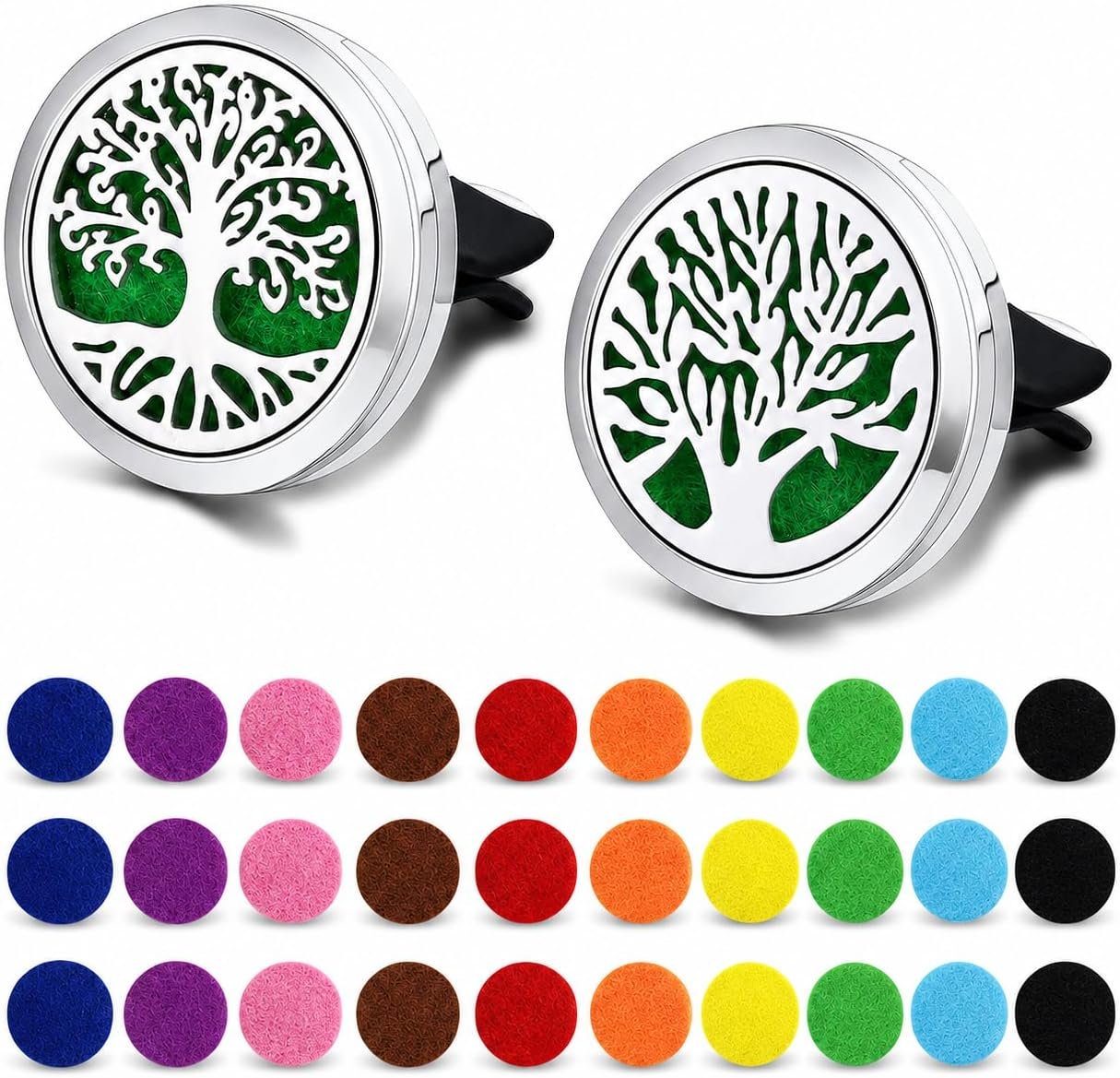 2PCS 30mm Car Aromatherapy Essential Oil Diffuser Stainless Steel Locket with Vent Clip 30 Felt Pads Tree of Life Pattern (Silverly)
