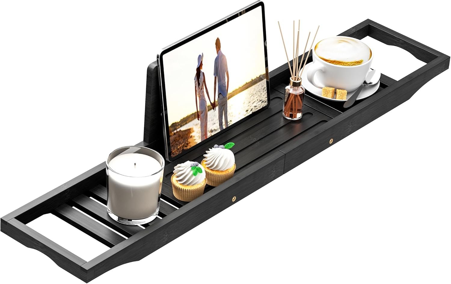 Bathtub Tray Caddy Black – Bath Tray Black – Bath Tub Table Tray Caddy – Bamboo Bath Tray for Tub