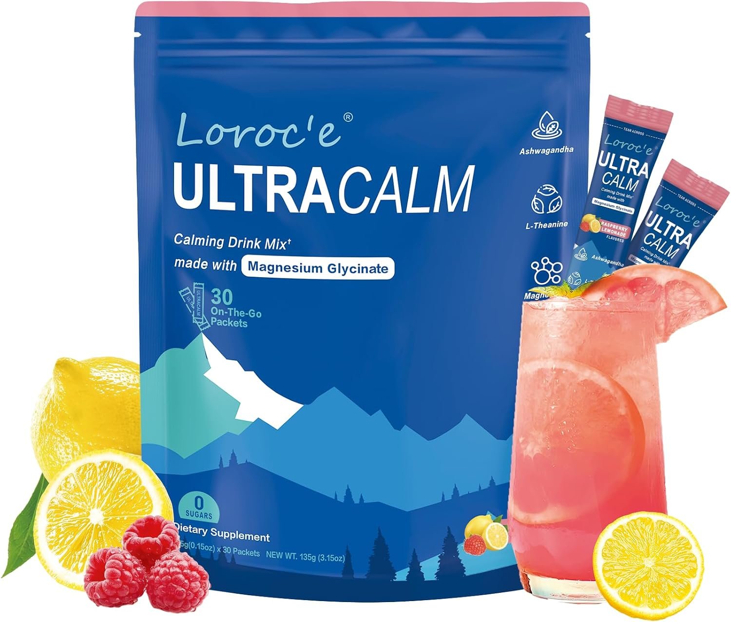 Loroc’e UltraCalm Super Cortisol Reducer Drink, Magnesium Glycinate (30 Servings), L-theanine, Ashwagandha, Vitamin D, No Sugar, Raspberry Lemonade Sleep Aid Powder