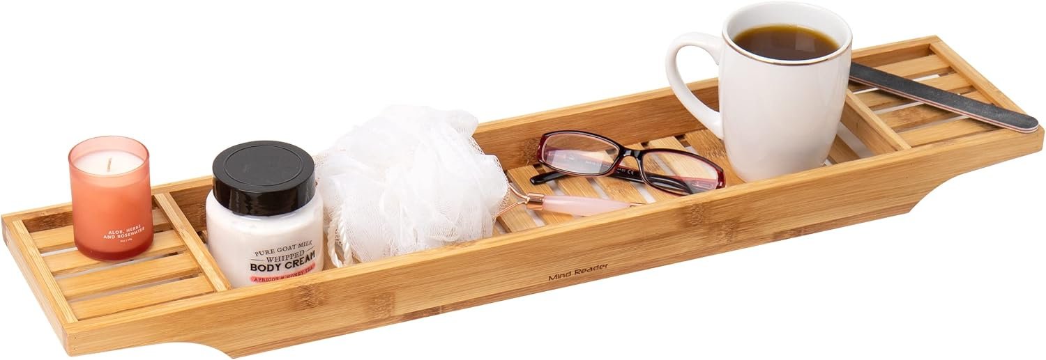 Mind Reader Bathtub Tray, Shower Organizer, Bathroom Accessory, Wood Tray, Rayon from Bamboo, 27.5″ L x 5.75″ Wx 1.75″ H, Brown