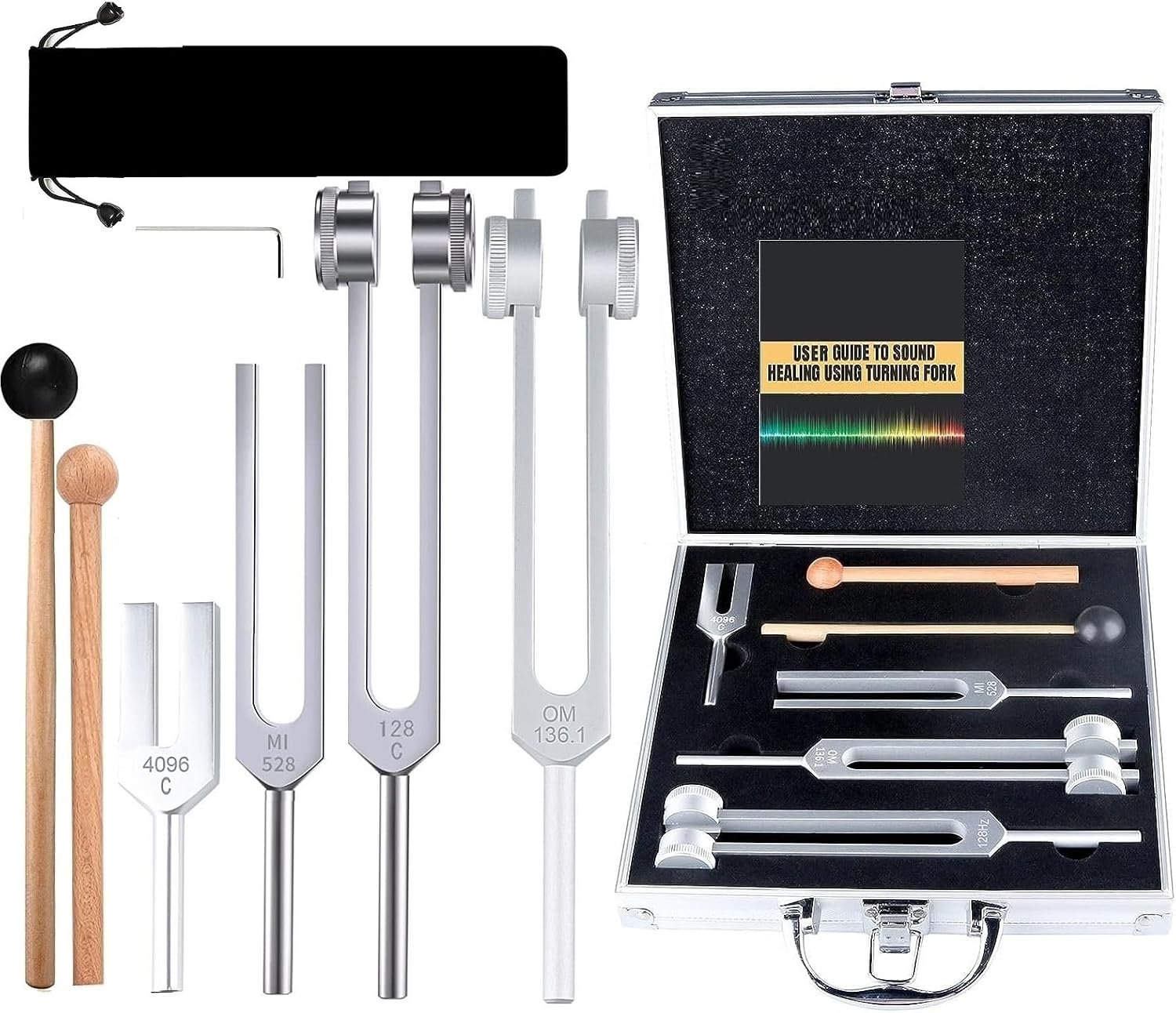 4Pcs Tuning Fork Medical Sound Healing Set(128Hz, OM 136.1Hz, MI 528Hz, 4096Hz), Tuning Fork Chakra Solfeggio Meditation Biofield Heart Aluminum Weighted Otto Body Tuner Angel Activator Hammer Mallet