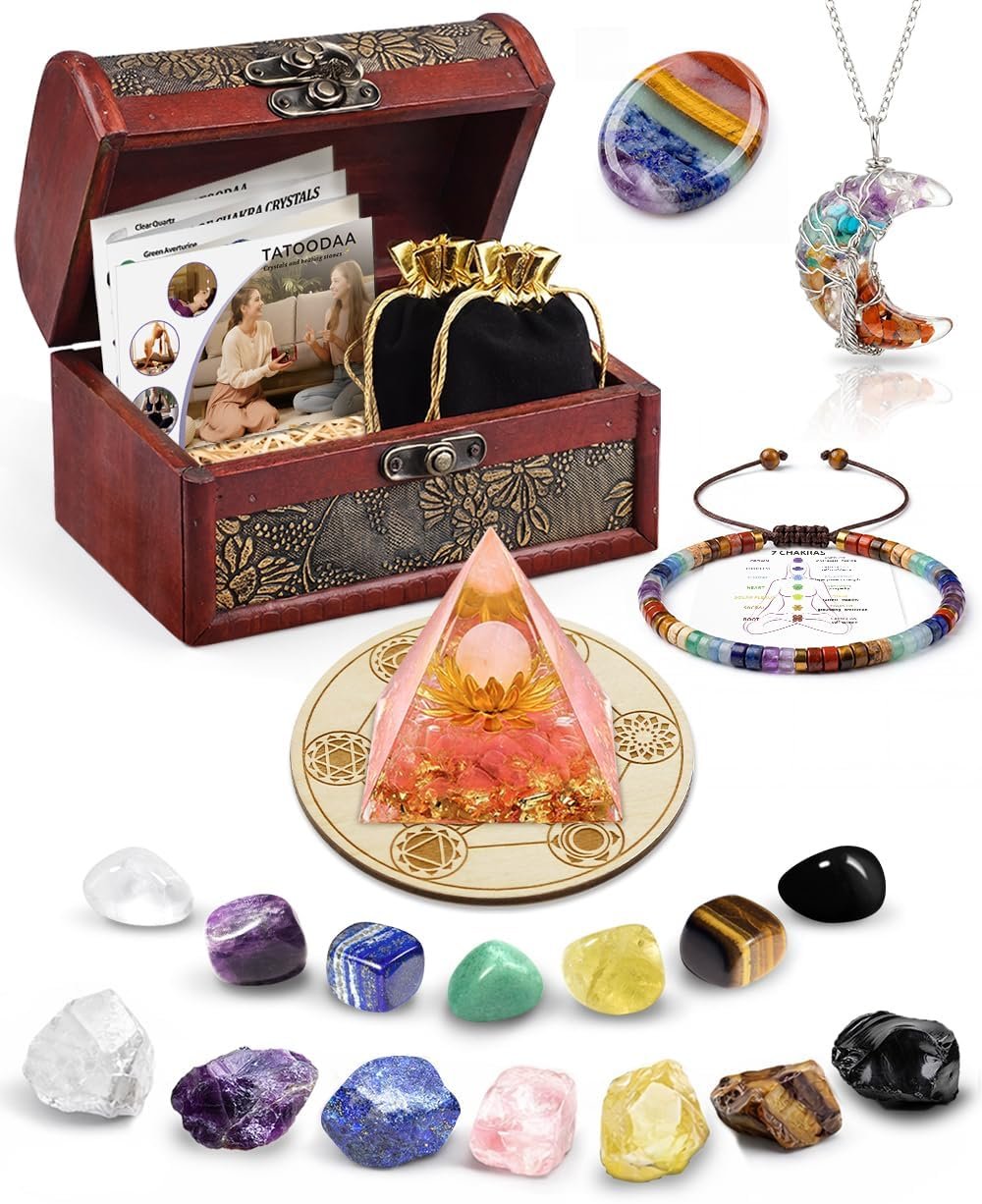 Crystals and Healing Stones Set – Chakra Crystals Gift for Women, Thumb Worry Stones, Rose Pyramid – Flower of Life, Chakra Bracelets, 7 Chakra Stones, Relief Anxiety Stress Birthday Gifts for Women