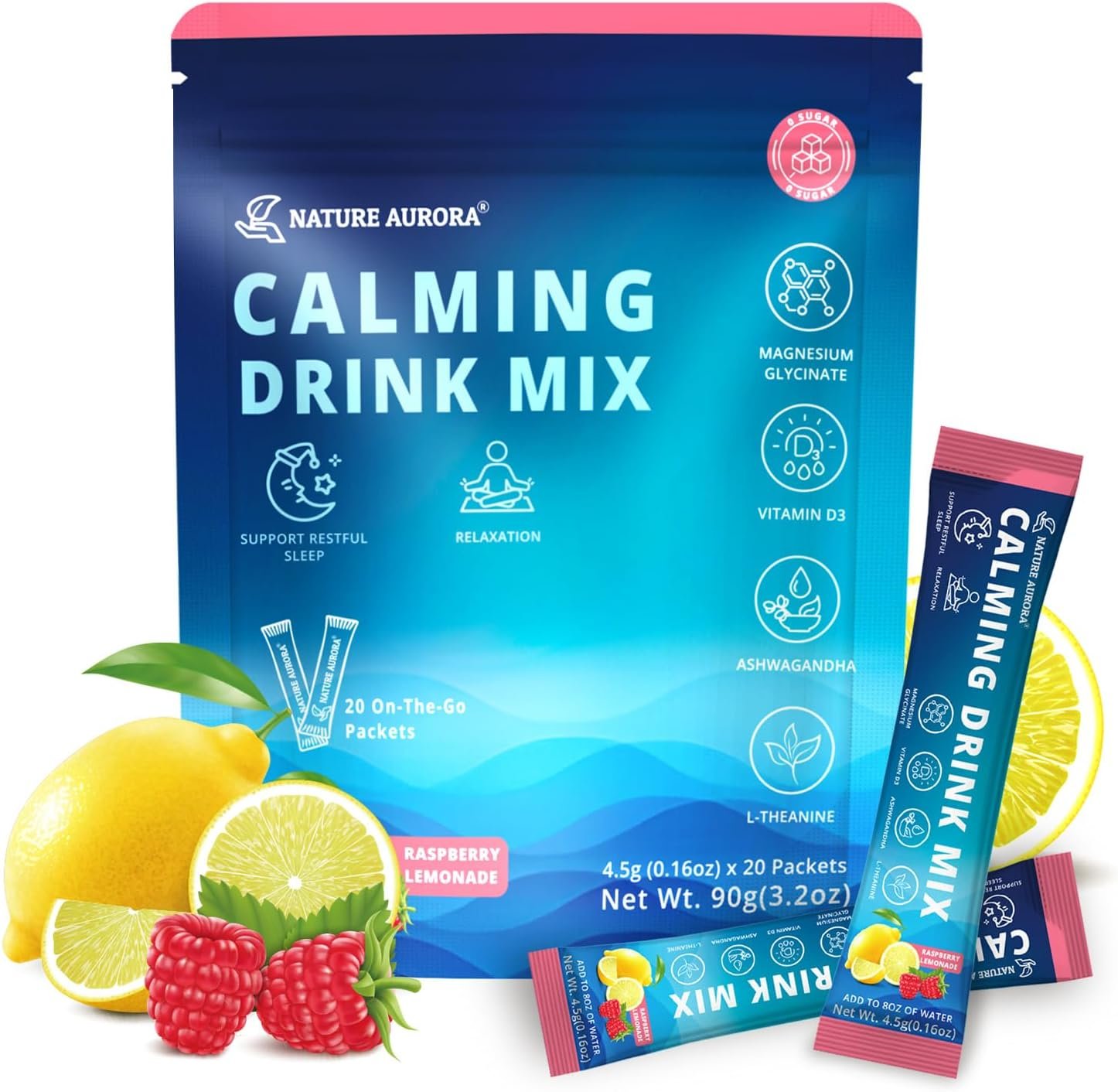 Powdered Drink Mix Calm – Adaptogenic Drink Mix with Magnesium Glycinate, Ashwagandha, Vitamin D, L-Theanine – Sleep Aid, Calm, Relax & Focus – Vegan, No Sugar- Raspberry Lemonade – 20 Sticks