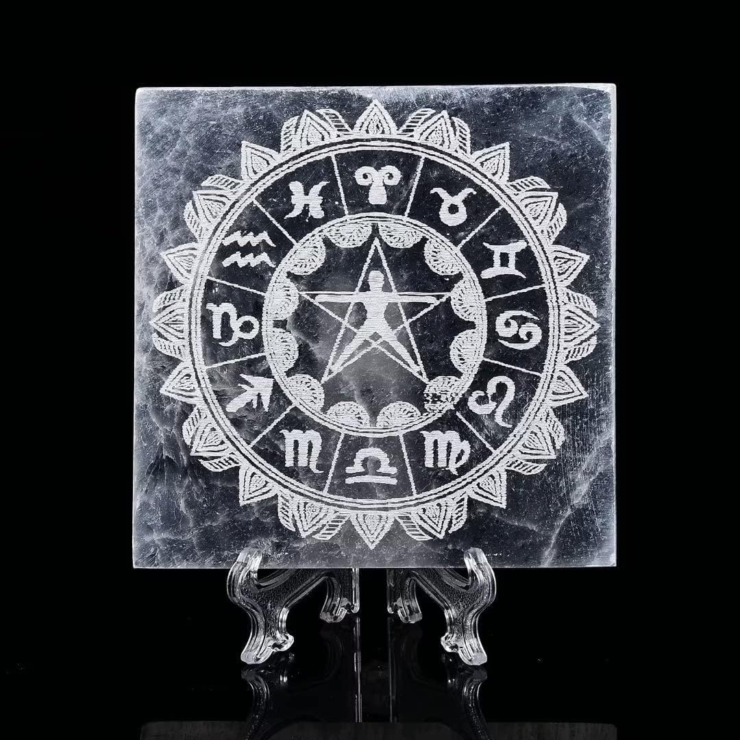 AMOYSTONE Selenite Crystal Charging Plate for Healing Crystal Stone Selenite Pieces Square Slab Etched Twelve Constellations 4″ with Stand
