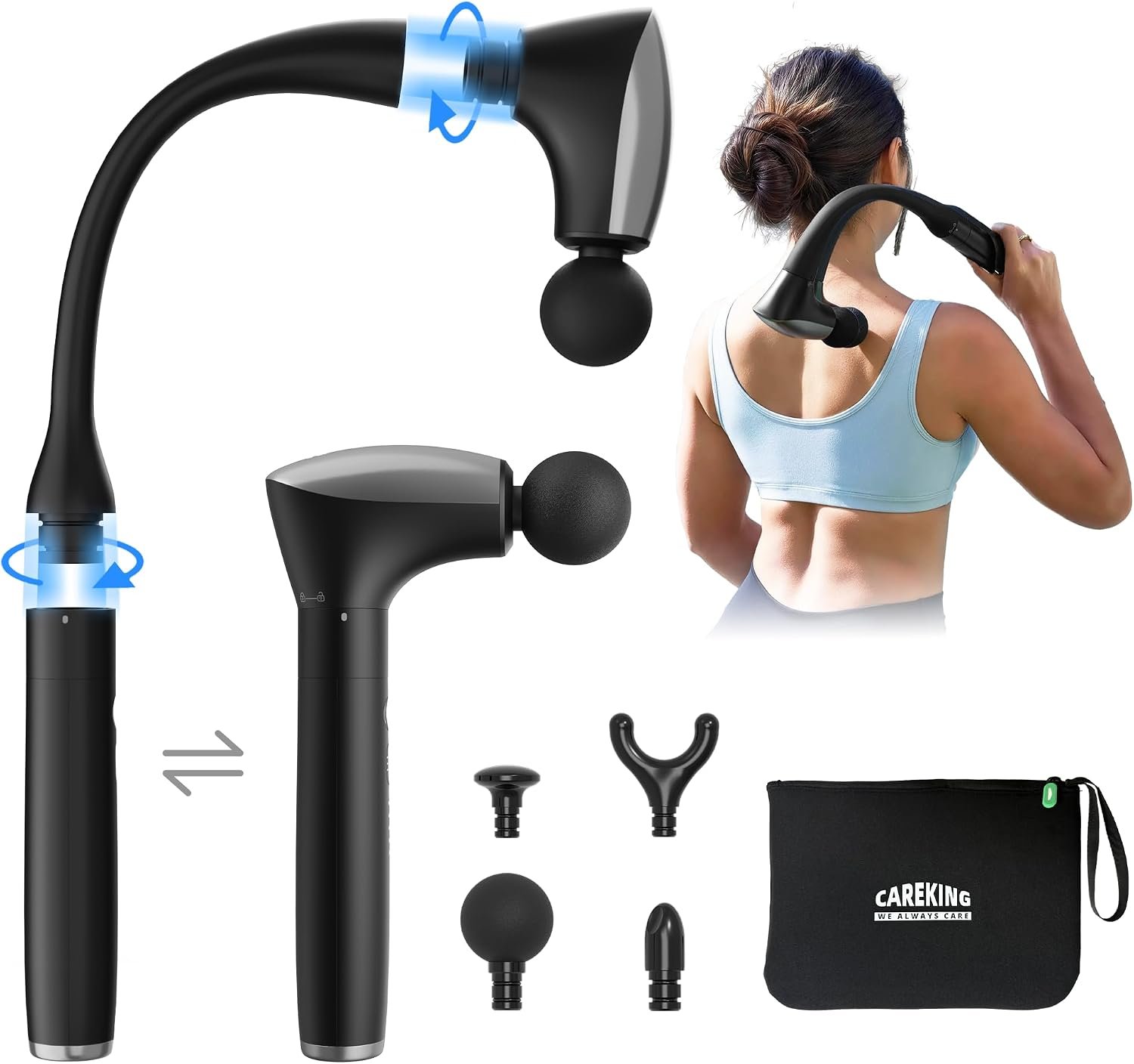2-in-1 Detachable Muscle Massage Gun Deep Tissue with 20” Extension Handle, Back and Neck Massager for Pain Relief, Handheld Massager for Shoulder Lower Back Leg Waist, FSA-HSA Eligible