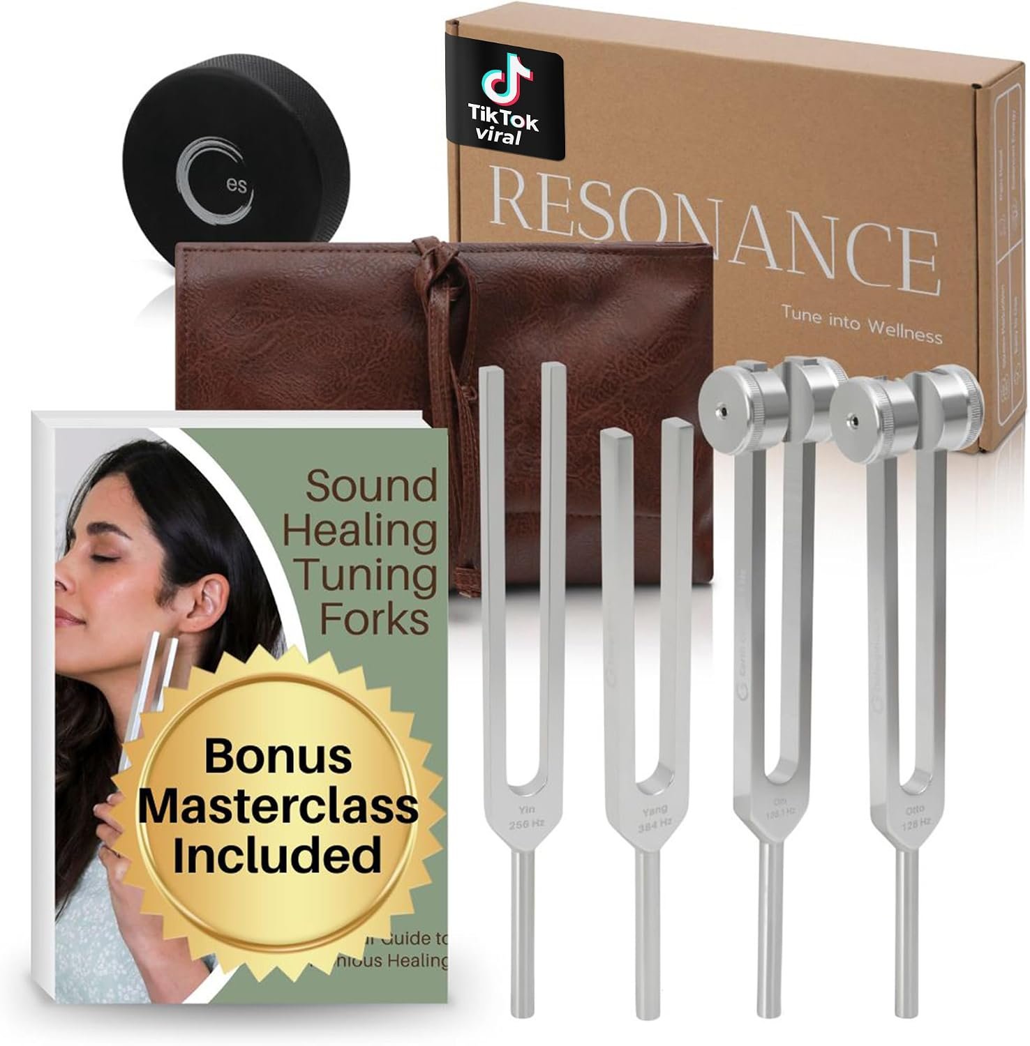 ENSO Resonance 128Hz Tuning Forks for Healing Set, Sound Healing | Lead-Free Aluminum Alloy, Weighted and Unweighted, 4 Calibrated Frequencies, Hockey-Puck Activator, Vegan-Leather Pouch