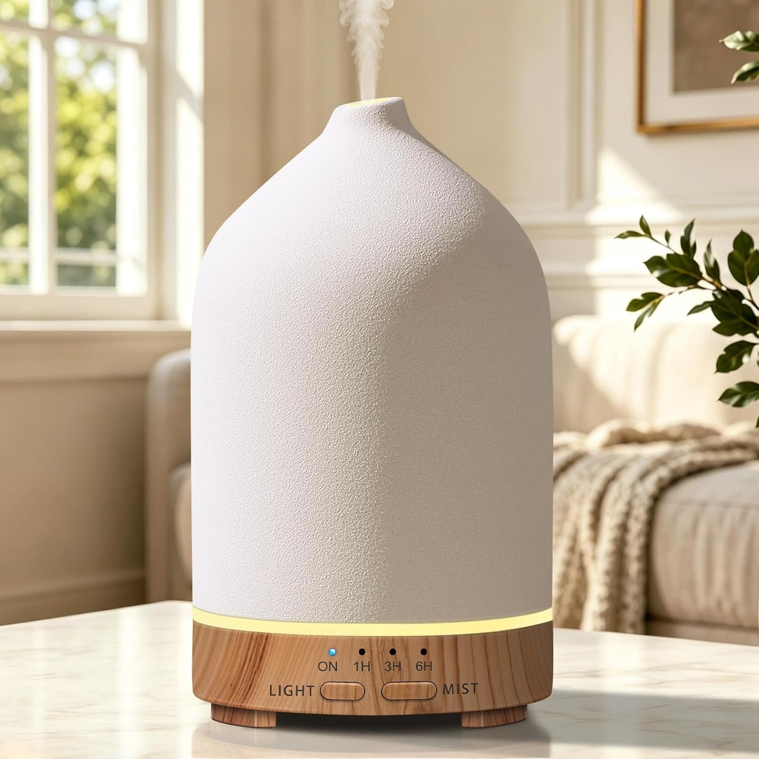 URPOWER 300ML Ceramic Essential Oil Diffuser, Ultrasonic Aromatherapy Diffuser with Wood Grain Base, 7-Color LED Lights, Auto Shut-Off, 2 Mist Modes, Cool Mist Humidifier for Home,Office