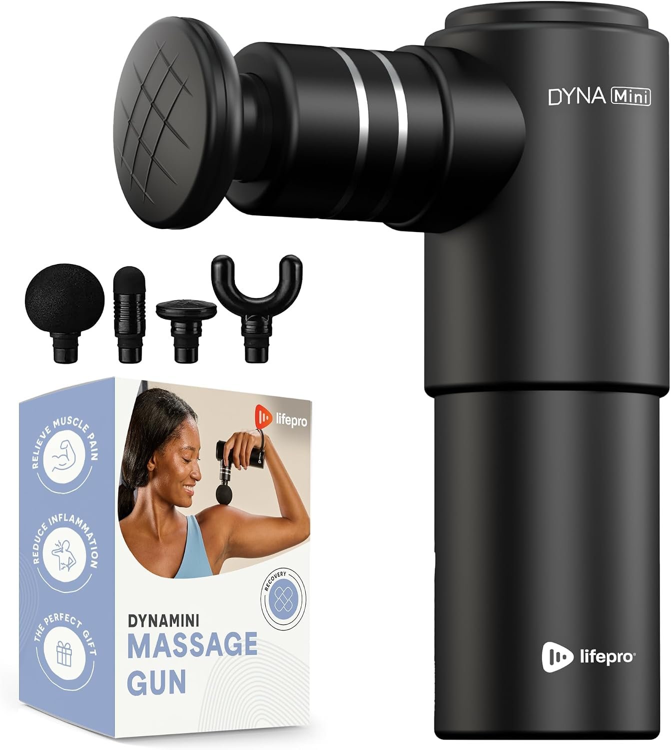 LifePro Mini Massage Gun — DynaMini Portable & Travel Deep Tissue Massage Gun with USB-C & Carrying Case — Quiet Handheld, 4 Attachments & Rechargeable