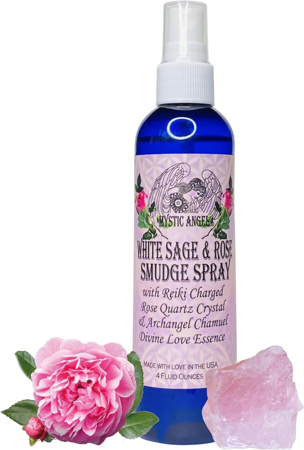 Mystic Angel White Sage & Rose Smudge Spray (4 oz.) with Reiki Charged Rose Quartz Crystal