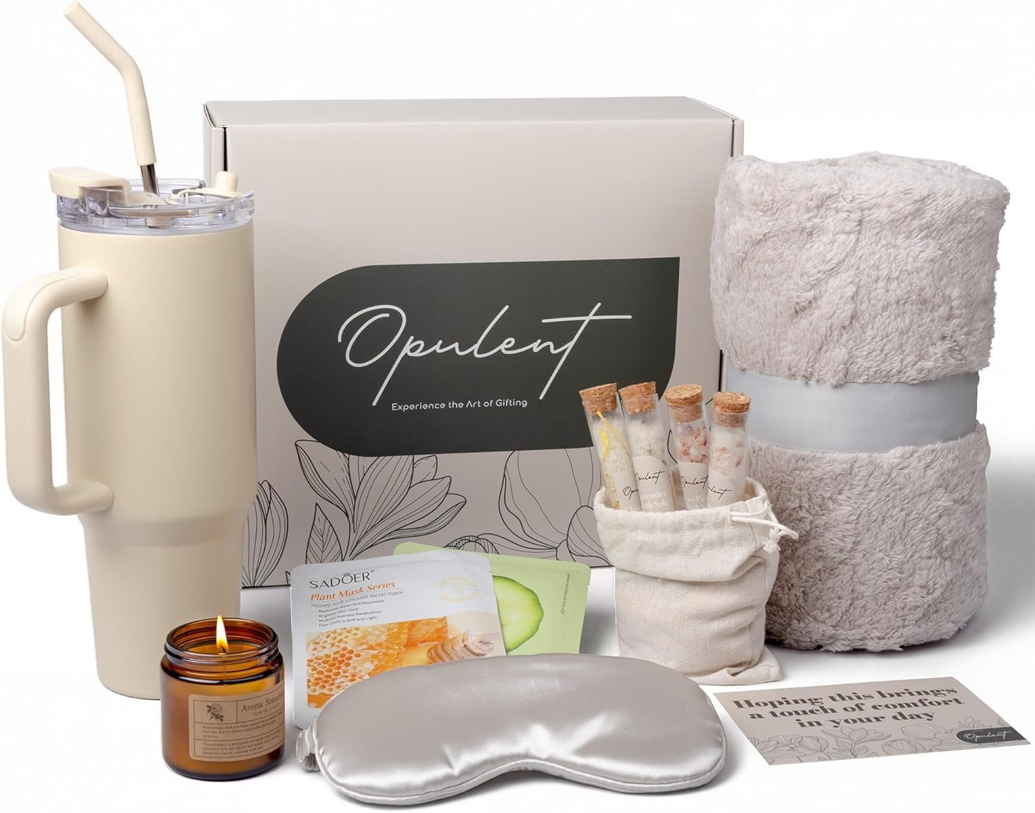 Opulent Self Care Spa Gift Box for Women – Thoughtful Get Well Gift | With a 40oz tumbler, blanket, candle, bath salts & sleep mask – for birthdays, thank you, sympathy & client gifts