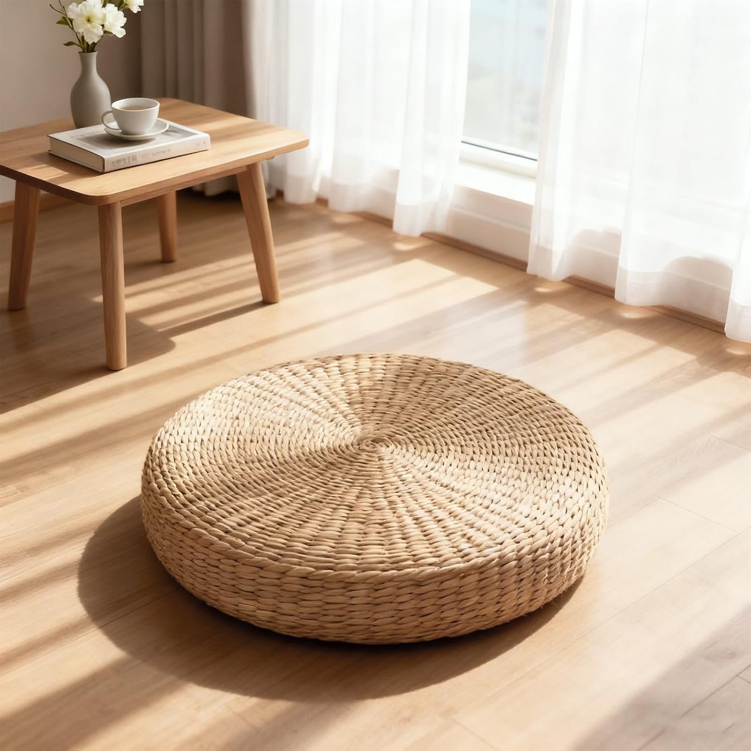 Straw Cushion Floor Pillow Japanese Style Handcrafted Tatami Floor Cushion Mat Natural Woven Grass Seat Cushions Round Padded Room Floor Straw Mat for Home 45cm