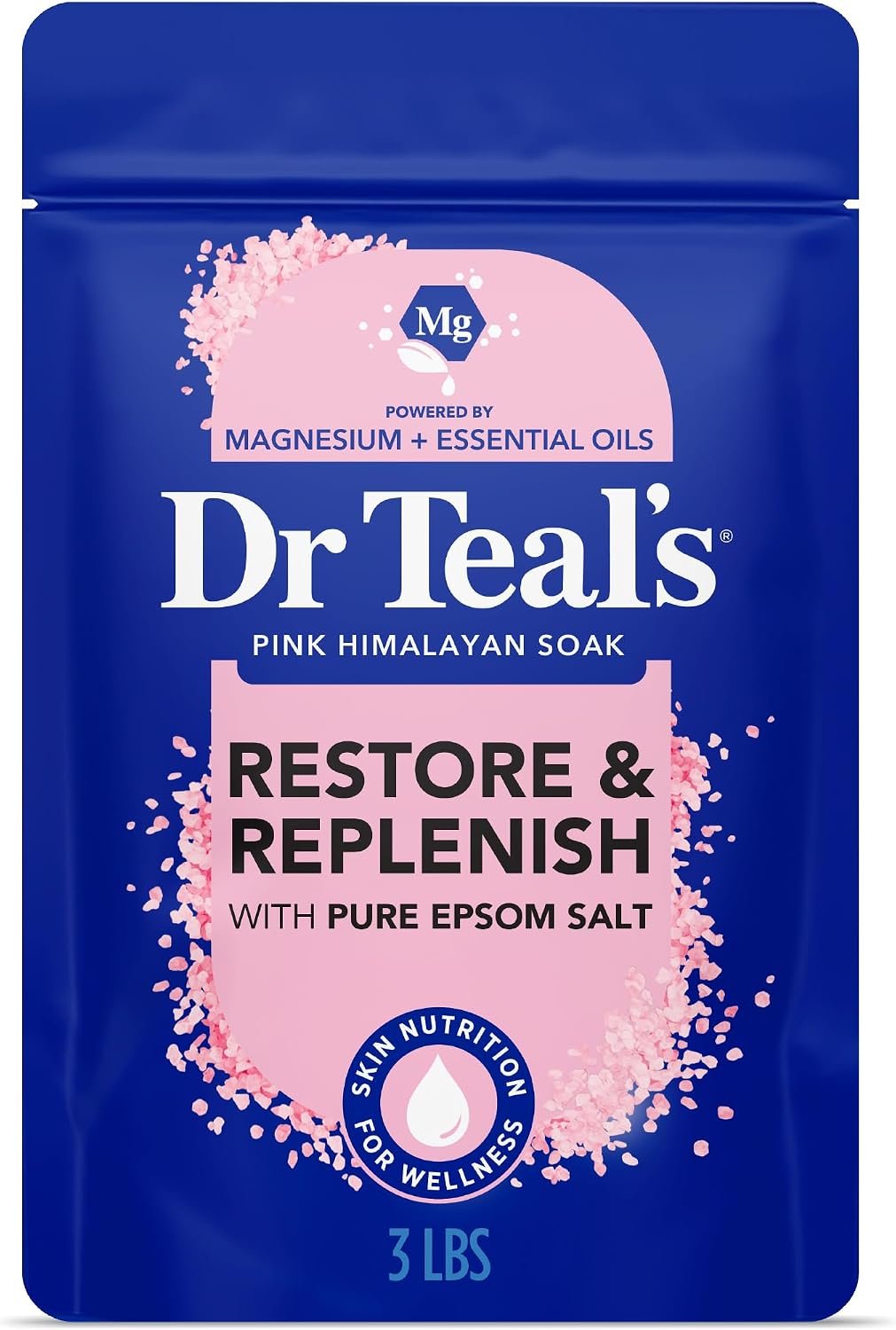 Dr Teal’s Epsom Salt Magnesium Soak, Restore & Replenish with Pink Himalayan Salt, 3 lbs