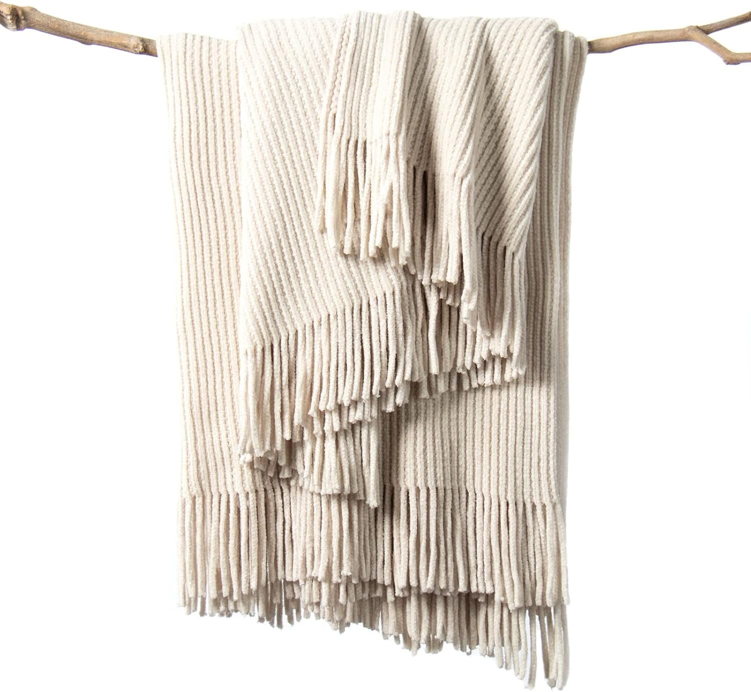 lifein Chenille Throw Blanket 50×60 – Soft Boho Knitted Blanket for Couch Cozy Farmhouse Decor Bed Throw, Lightweight All Season White/Cream Blanket, Decorative for Living Room Bedroom Spring Decor