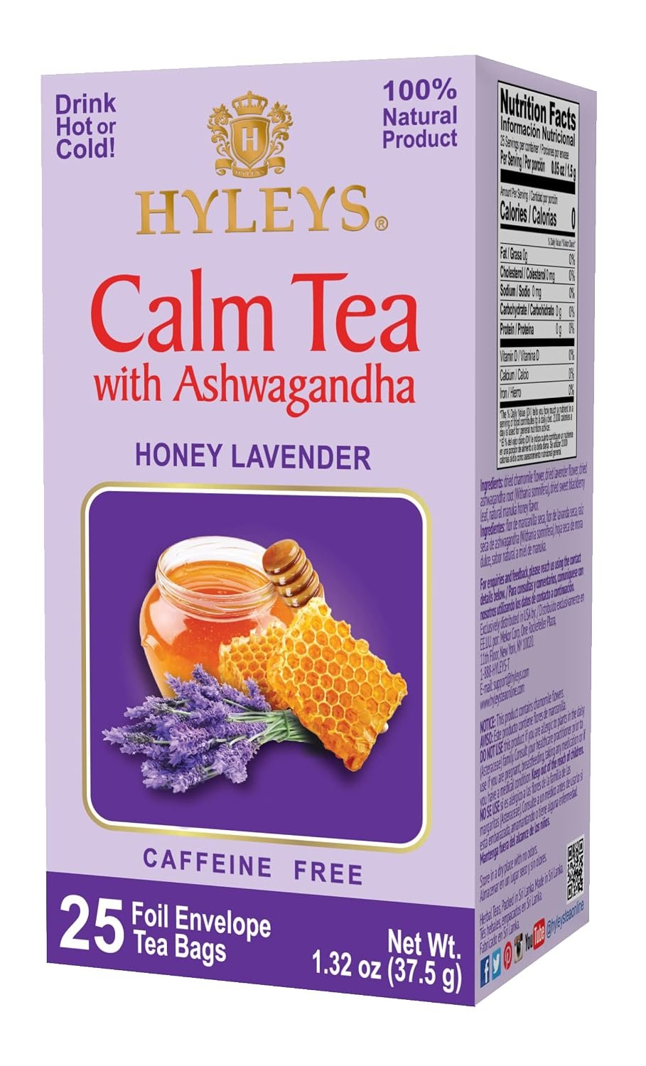 Hyleys Calm Tea with Ashwagandha – Lavender & Honey Flavor – Caffeine-Free, Herbal Tea – 25 Tea Bags – Sleepy Chamomile Bedtime Blend: Natural Herbal Tea for Deep Relaxation & Restful Sleep