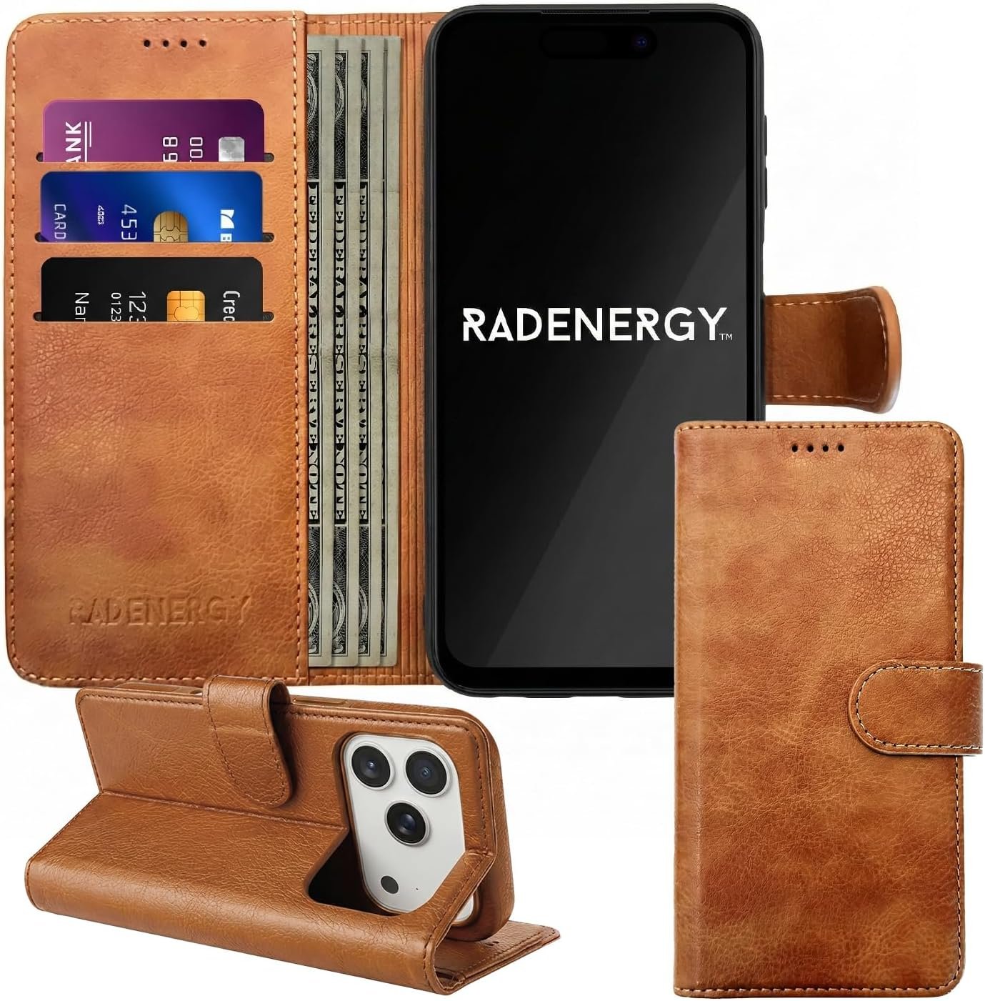 EMF Protection Anti Radiation Flip Folio Case for iPhone 17 Pro, Genuine Leather, FCC & NVLAP Lab Tested Up to 99% Radiation Reduction, Wallet Cover w Card Holder & Stand Function, Brown