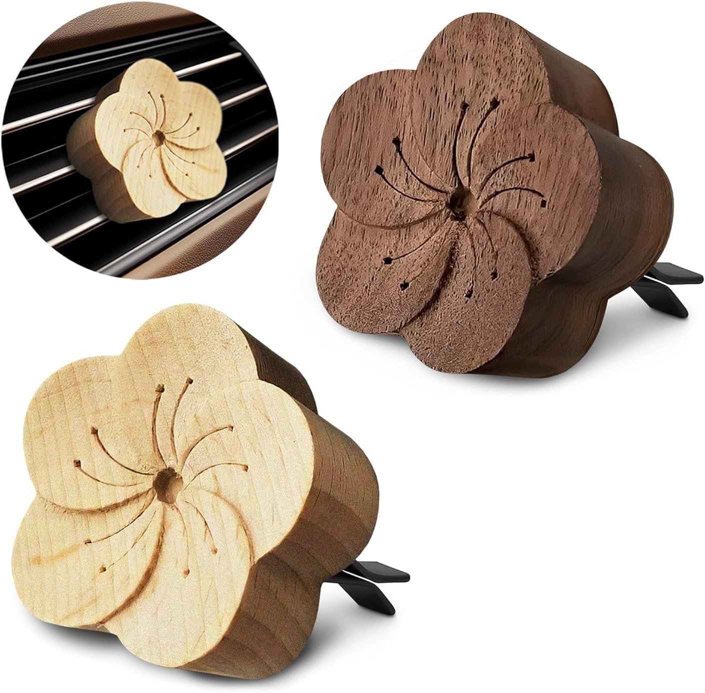 2 Pcs Car Essential Oil Diffuser, Wooden Flower Vent Clip | Essential Oil Car Air Freshener, Wood Diffuser Vent Clip, Reusable Absorbent Flower, Magnetic Hold, Custom Scent