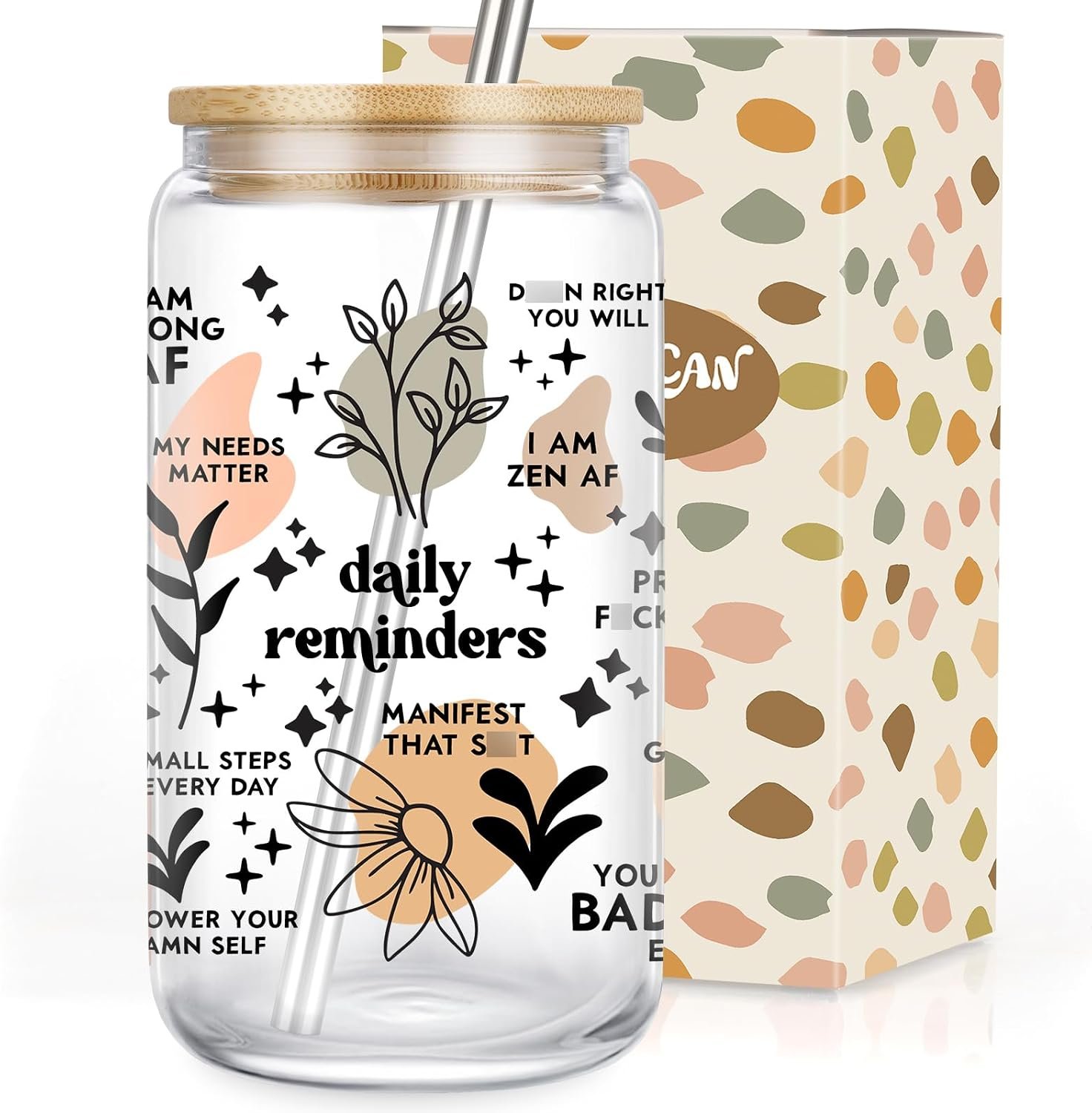 Coolife Positive Daily Affirmations Cup, Mental Health, Funny Sobriety, Self Love, Inspirational, Break up, Mothers Day Motivational Gifts for Women, 16 oz Drinking Tumbler Coffee Glass Cups w/Lids