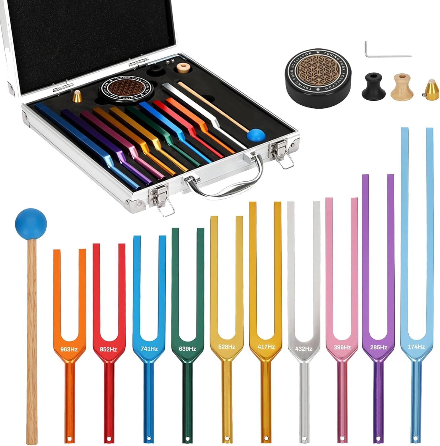 Chakra Tuning Fork Set, 10pcs Multi-Color Solfeggio Tuning Forks (174-963Hz) with Activator & Deluxe Gift Box, Aluminum Alloy Tuning Fork for Healing Set for Sound Therapy, Yoga, Meditation
