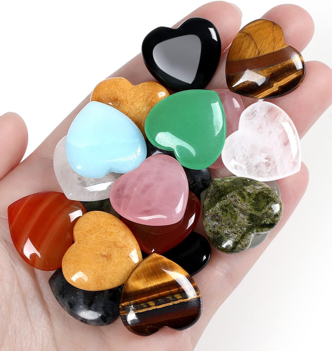QINJIEJIE 10PCS Crystals Heart Healing Stones Rose Quartz Amethyst Polished Love Stone Palm Natural Gemstones Set Wholesale Reiki Balancing Meditation 0.8″ Trinkets Crystal Gifts for Women Adult Party Favors