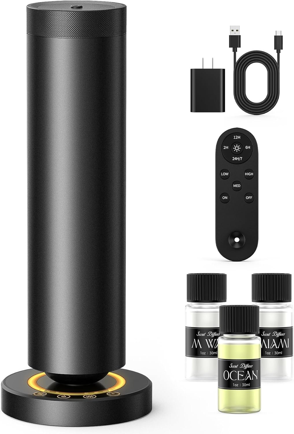 Waterless Diffuser with 108ML Essential Oils, Covers 1500 Sq Ft, Diffusers for Home Hotel, Adjustable Mist & Timer, Scent Diffuser Starter Kit with Night Light, Corded Electric,Black