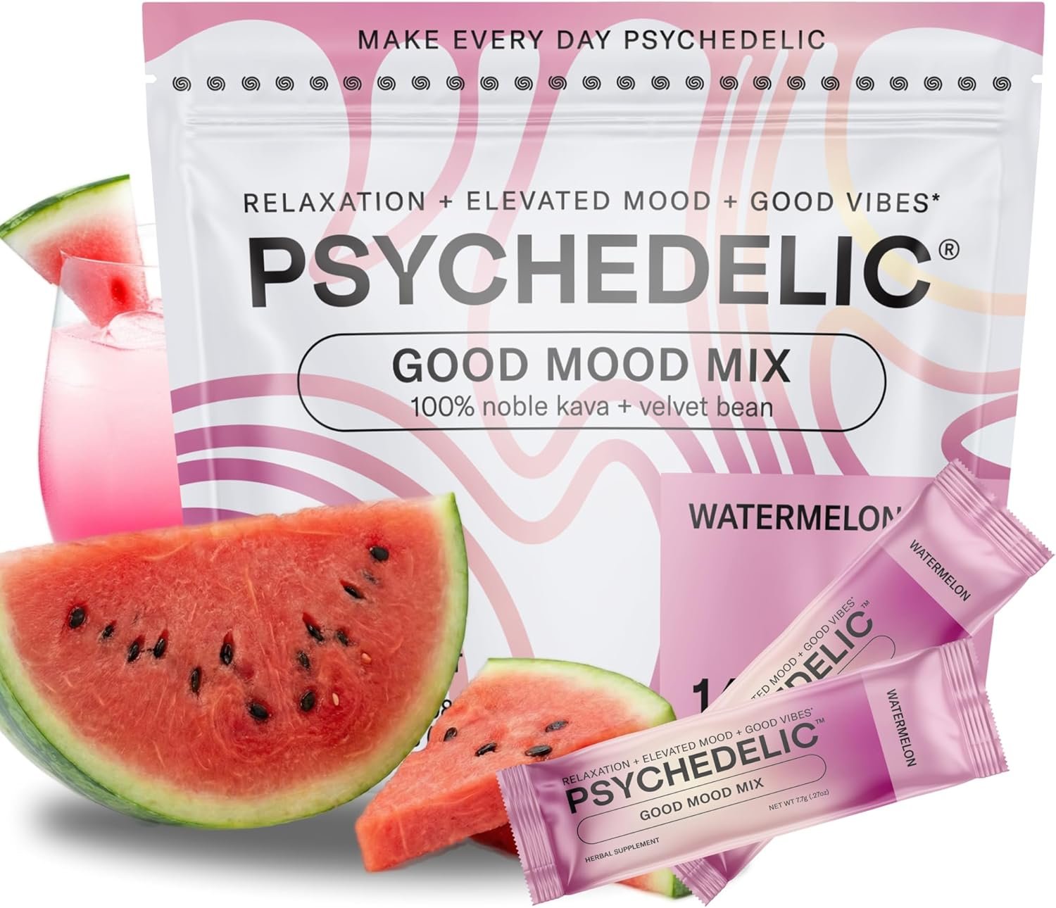 Psychedelic Water Good Mood Mix Watermelon Kava Drink Mix Packets – 250mg Noble Kava Root + Mucuna Pruriens – Vegan, Non-GMO, Gluten-Free – AlcoholFree Relaxation Drink – 14 Servings