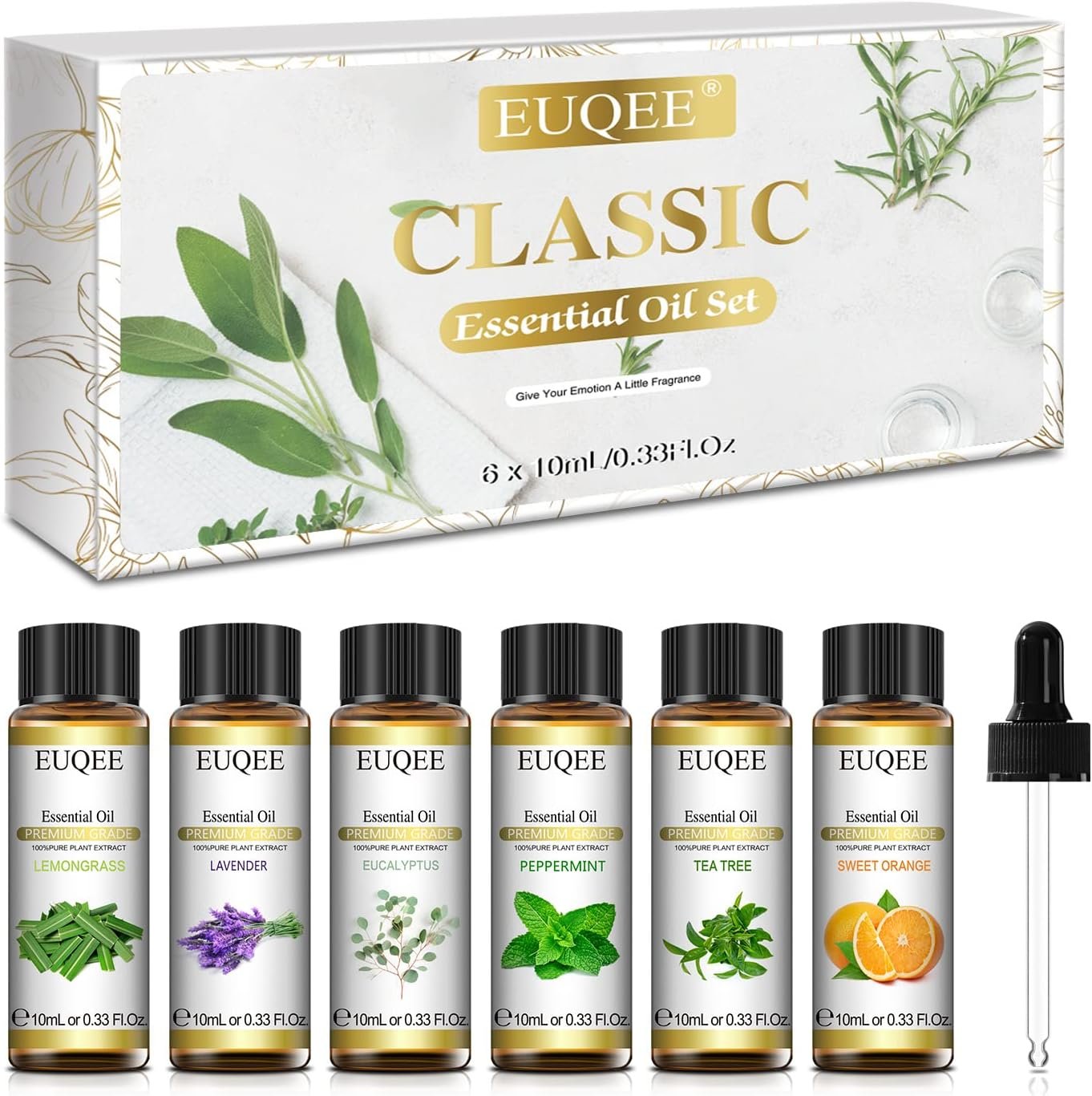 EUQEE 6 Pcs Pure Essential Oils Set, Premium Classic Scent Kit for Diffuser, Massage, Bath, DIY Crafts, Home Fragrance – Lavender, Eucalyptus, Peppermint, Tea Tree, Sweet Orange, Lemongrass