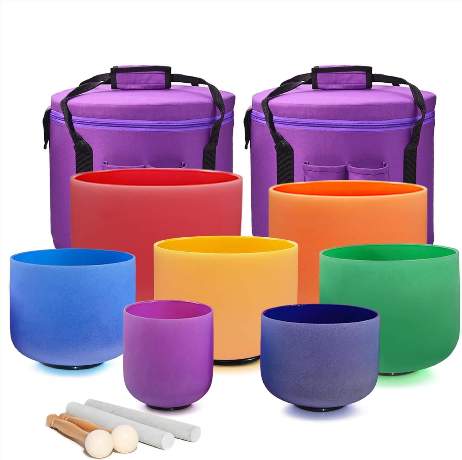 432HZ Crystal Singing Bowl Set, 6”-12”, Set of 7, Colored | Frosted Chakra Quartz, Sound Healing, Includes 2 Case Bags, Includes Rubber Mallets