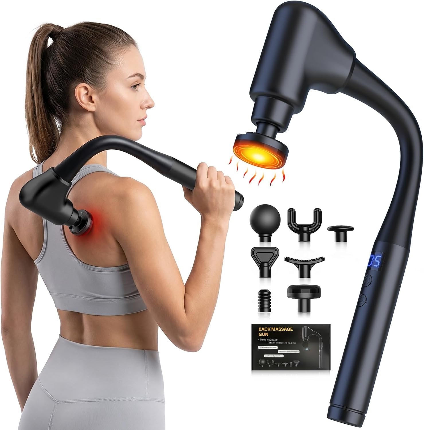 AERLANG Massager Gun with Heat Massage Gun with Extension Handle Fathers Day Gift for him Dad Back Massager Deep Tissue Muscle Massager Portable Percussion Massage Gun 10 Speeds& 7 Massage Heads